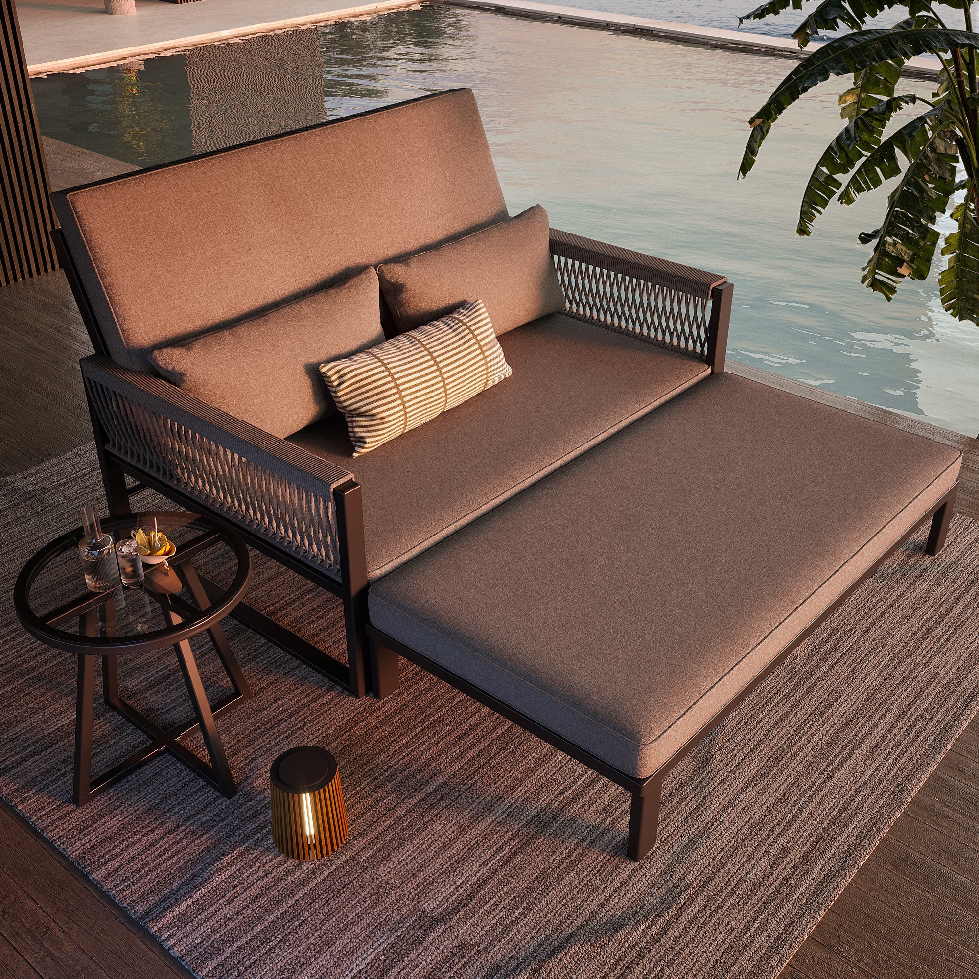 Garden Lounger with Woven Iron Armrests and Glass Coffee Table, Grey