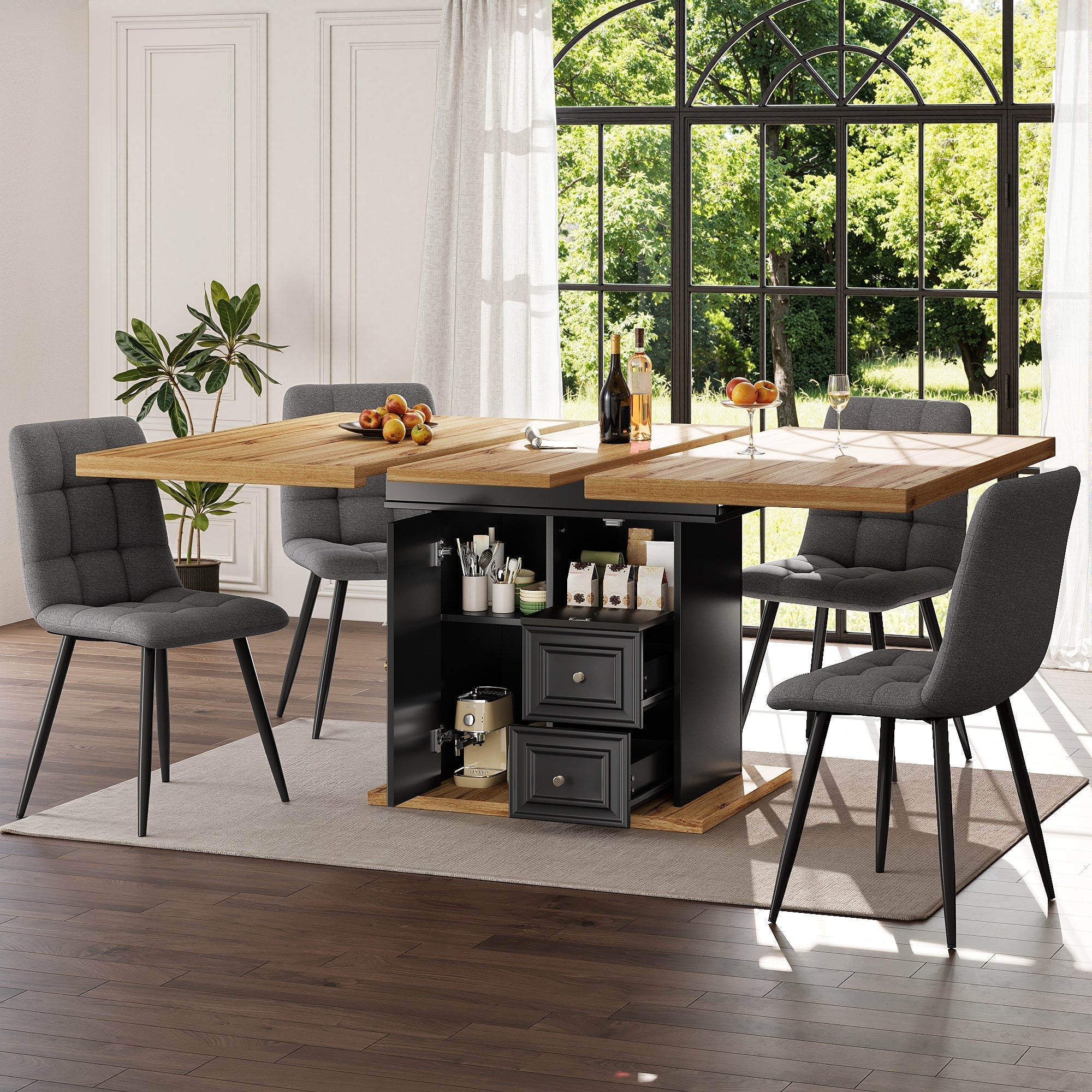 Extendable Dining Table with LED Lighting, 110-140cm, Seats 6, Wood Finish