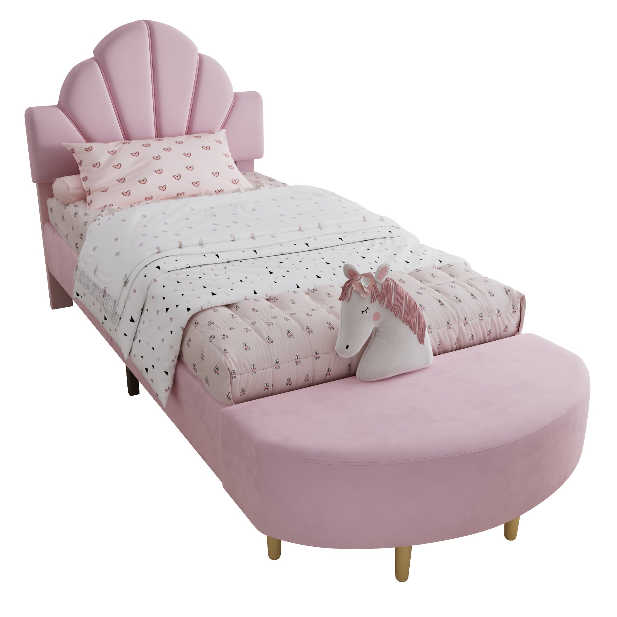 Upholstered Single Bed 90x200cm Velvet Headboard Matching Bench - Pink Velvet