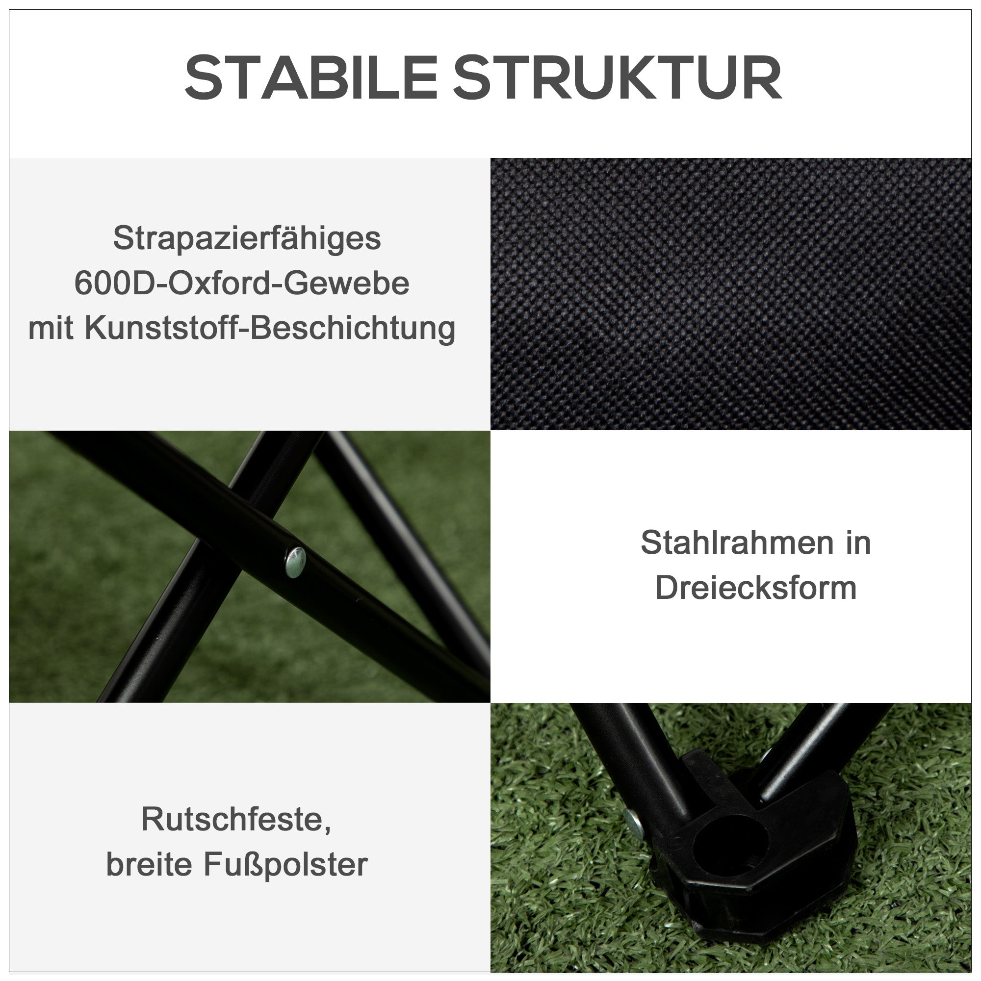 Campingstuhl faltbar mit Seitentasche, Stahlbeinen, schwarzem Oxford-Stoff
