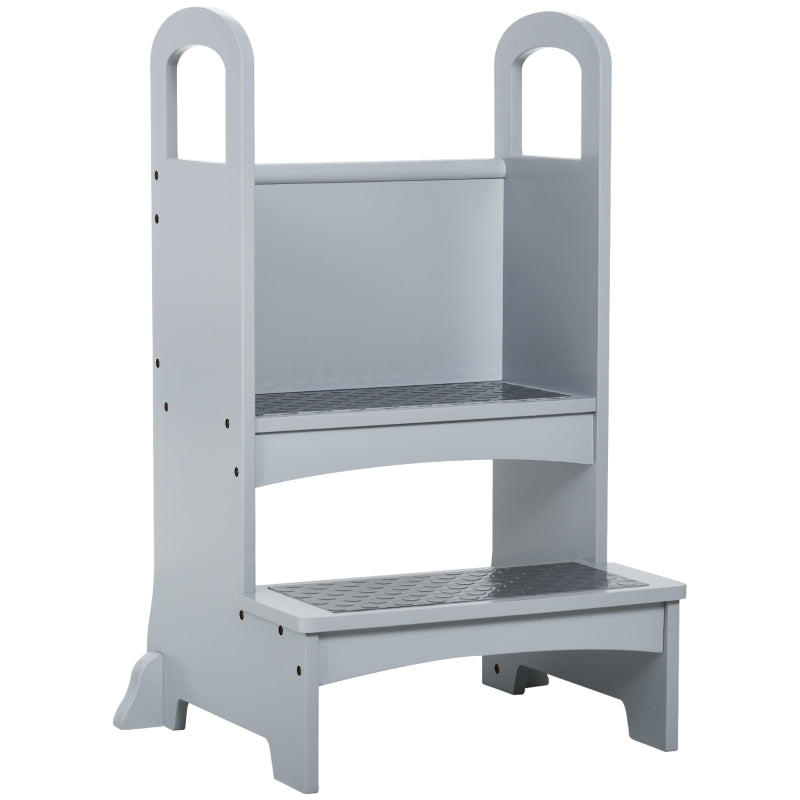 Kids Wooden Step Stool Kitchen Helper with Non-Slip Panels and Handles, Grey