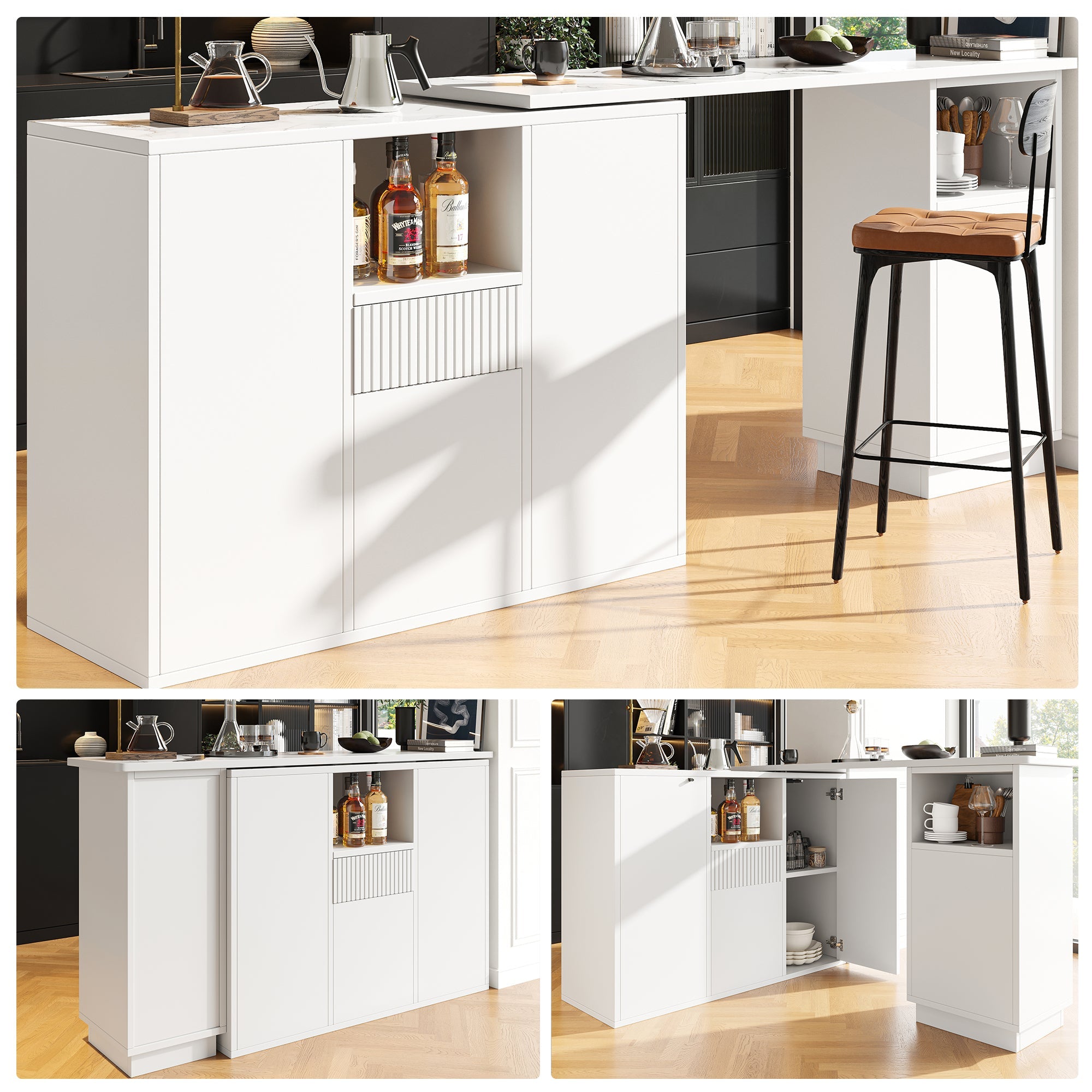 360° Swivelling Bar Table with Open Storage and Marble Worktop, White