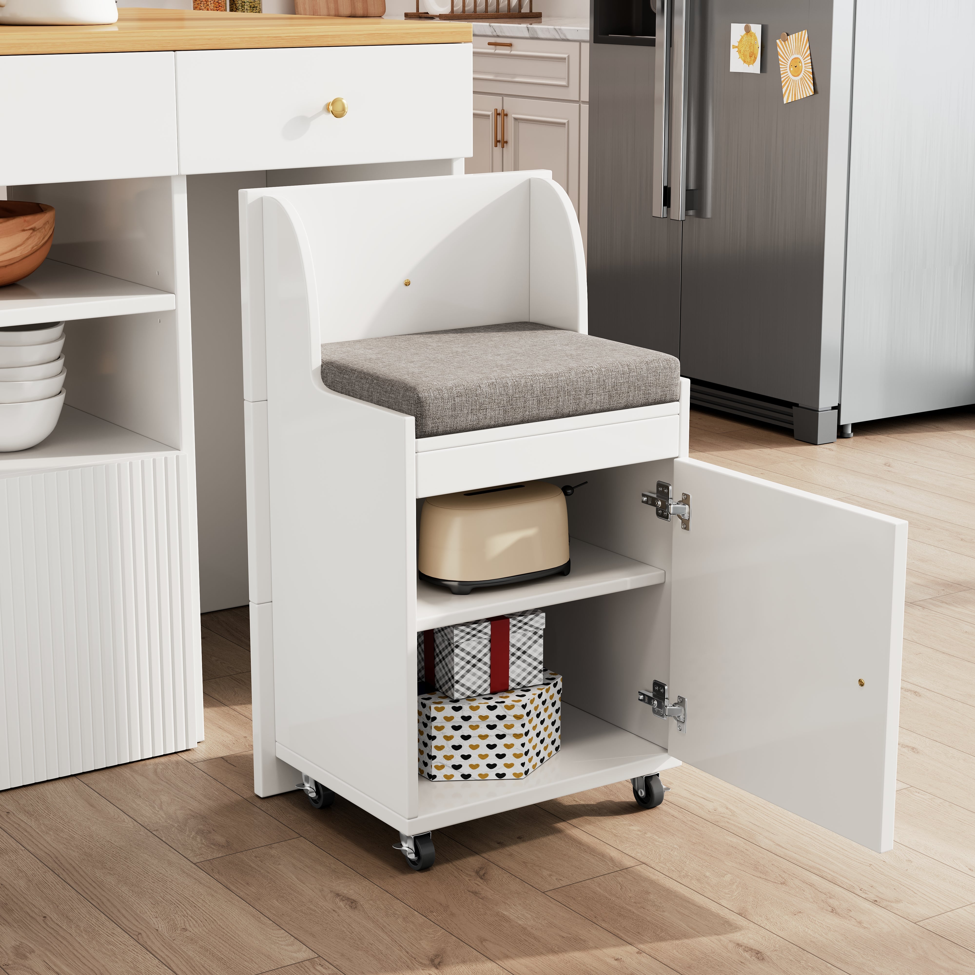Kitchen Island Sideboard with 6 Drawers and Bar Stools, White and Black