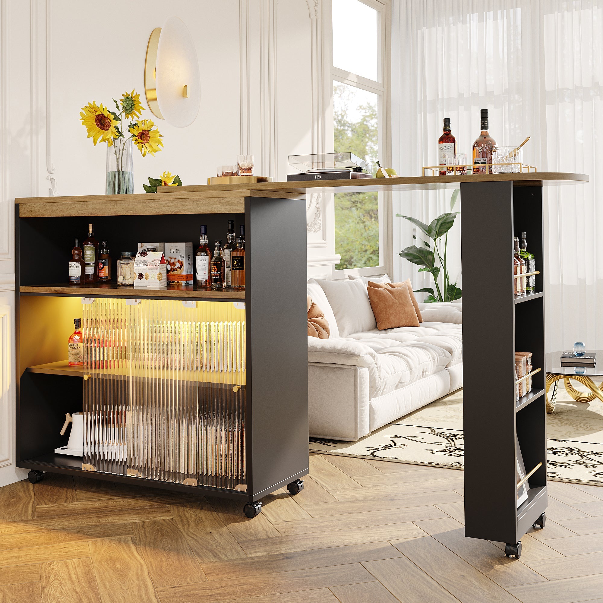 Extendable Bar Table Telescopic with LED Light Storage Cabinet Black
