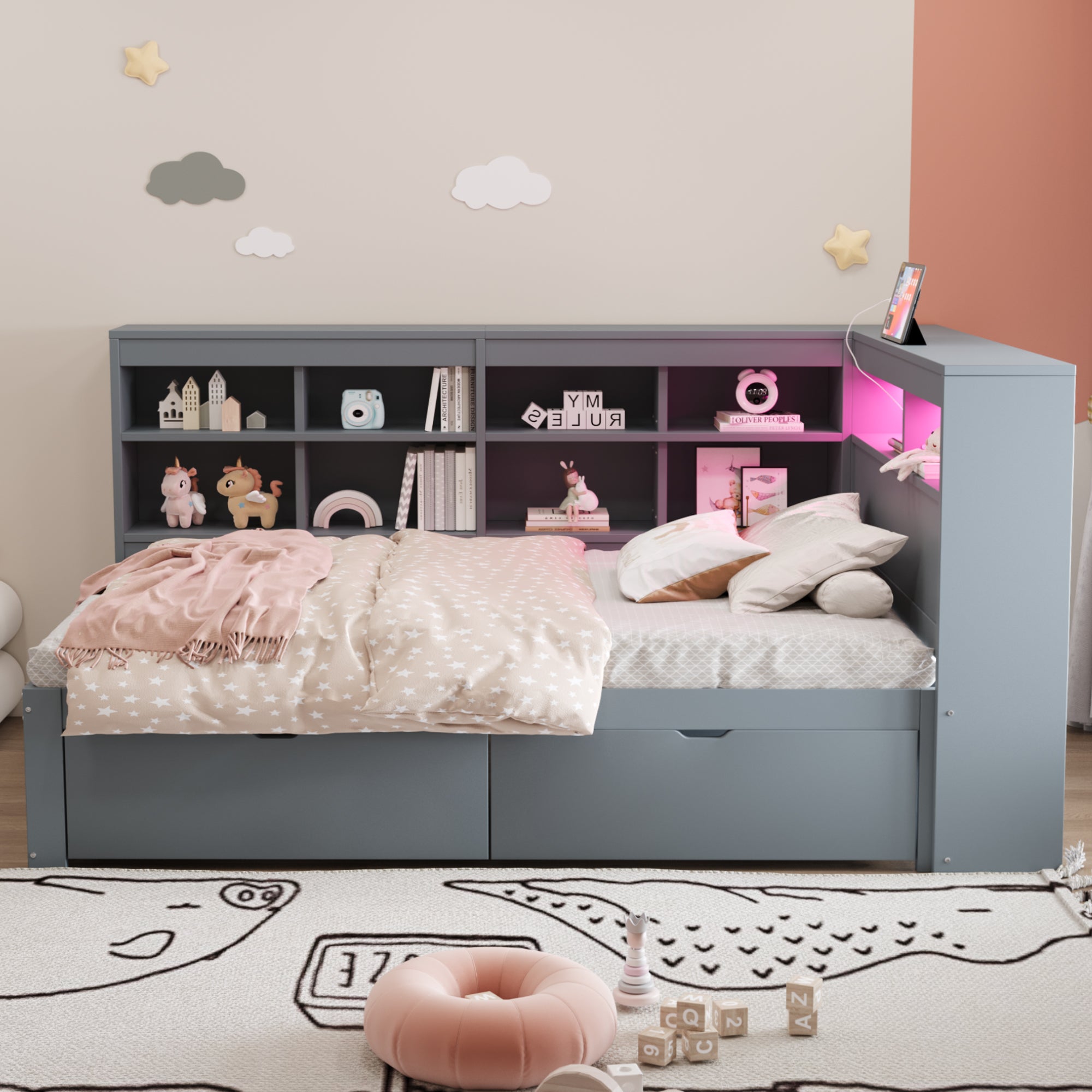 Solid Wood Sofa Bed 90x200cm Multifunctional Storage USB LED Grey
