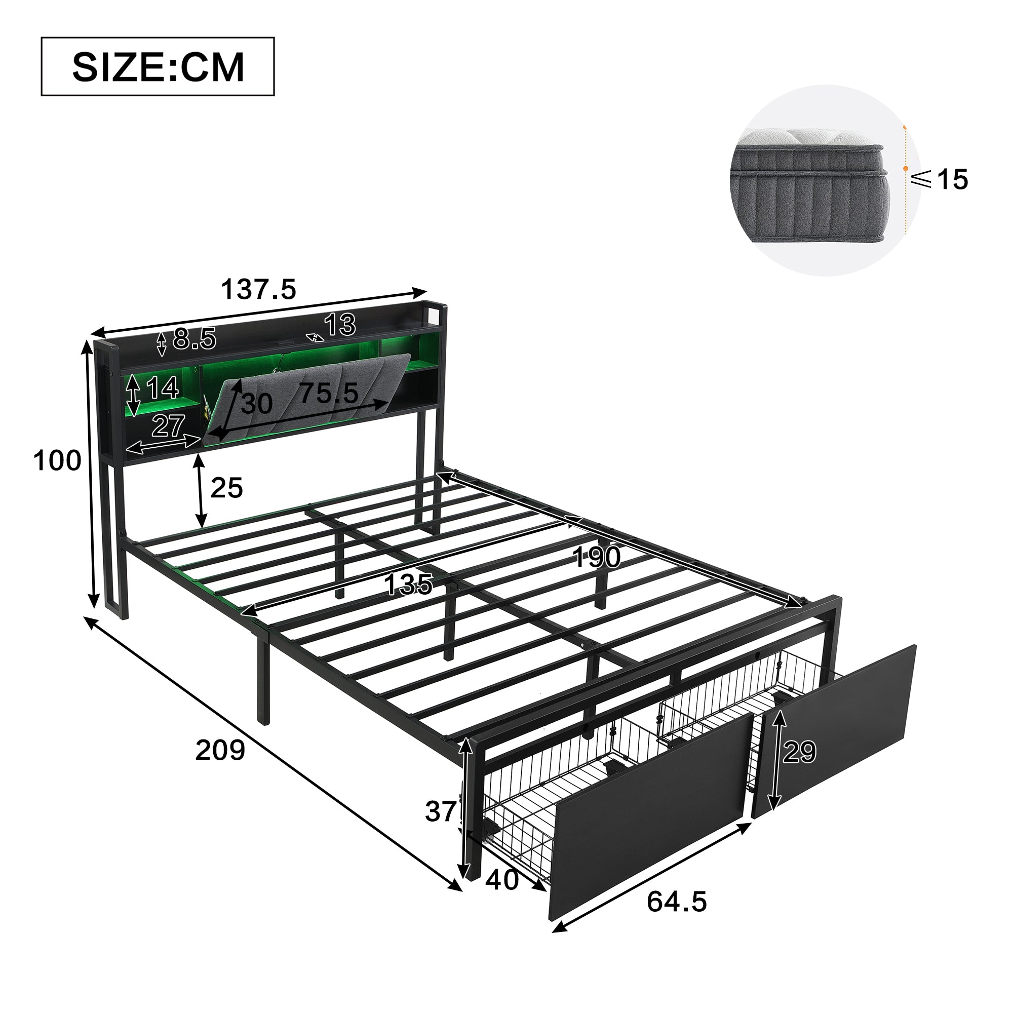 Metal Iron Bed 4ft6 Double 135x190cm with LED Lights & Charging Port, 2 Drawers & Storage Headboard, Black