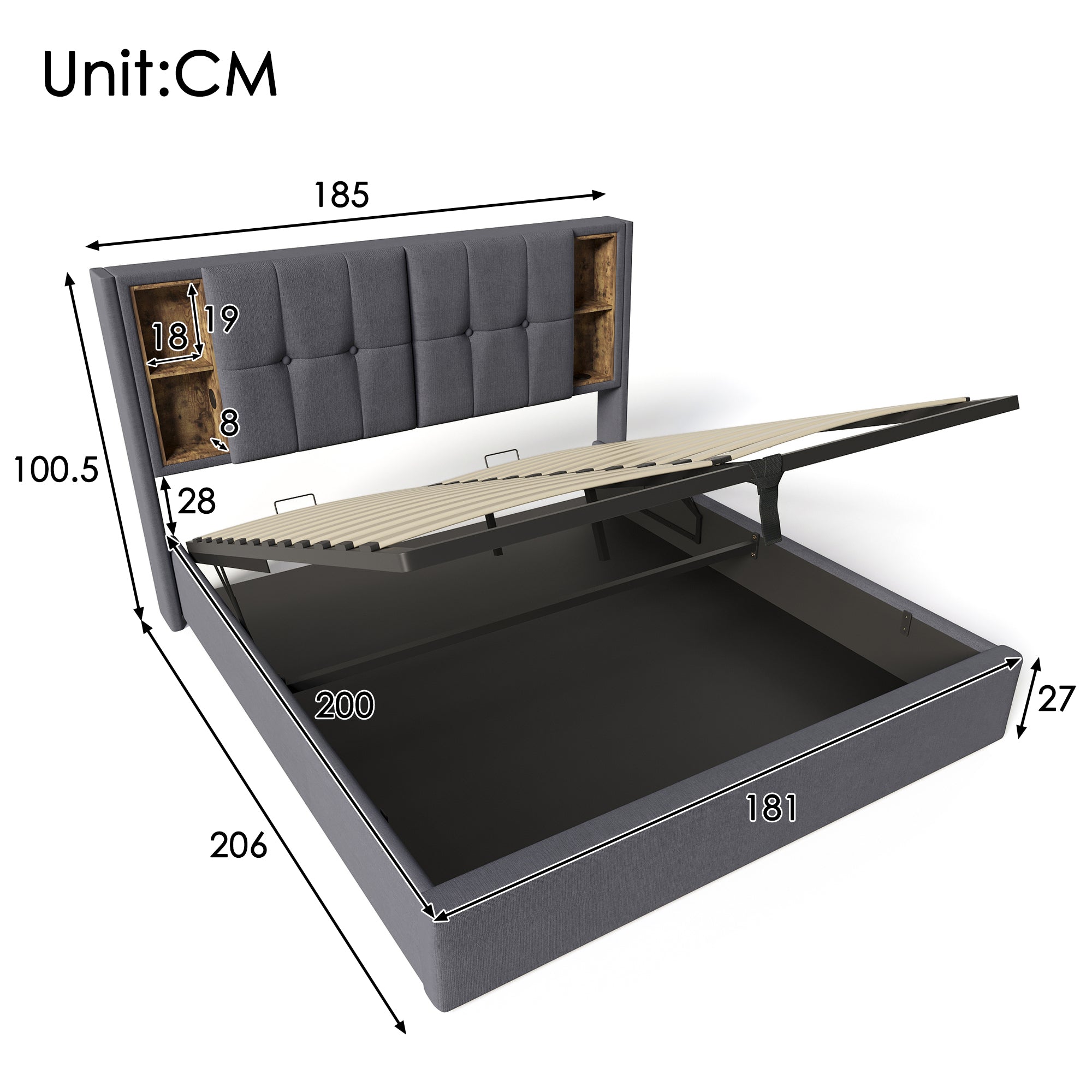Double Bed, Wireless Charging, 180x200cm, Storage, Grey Cotton