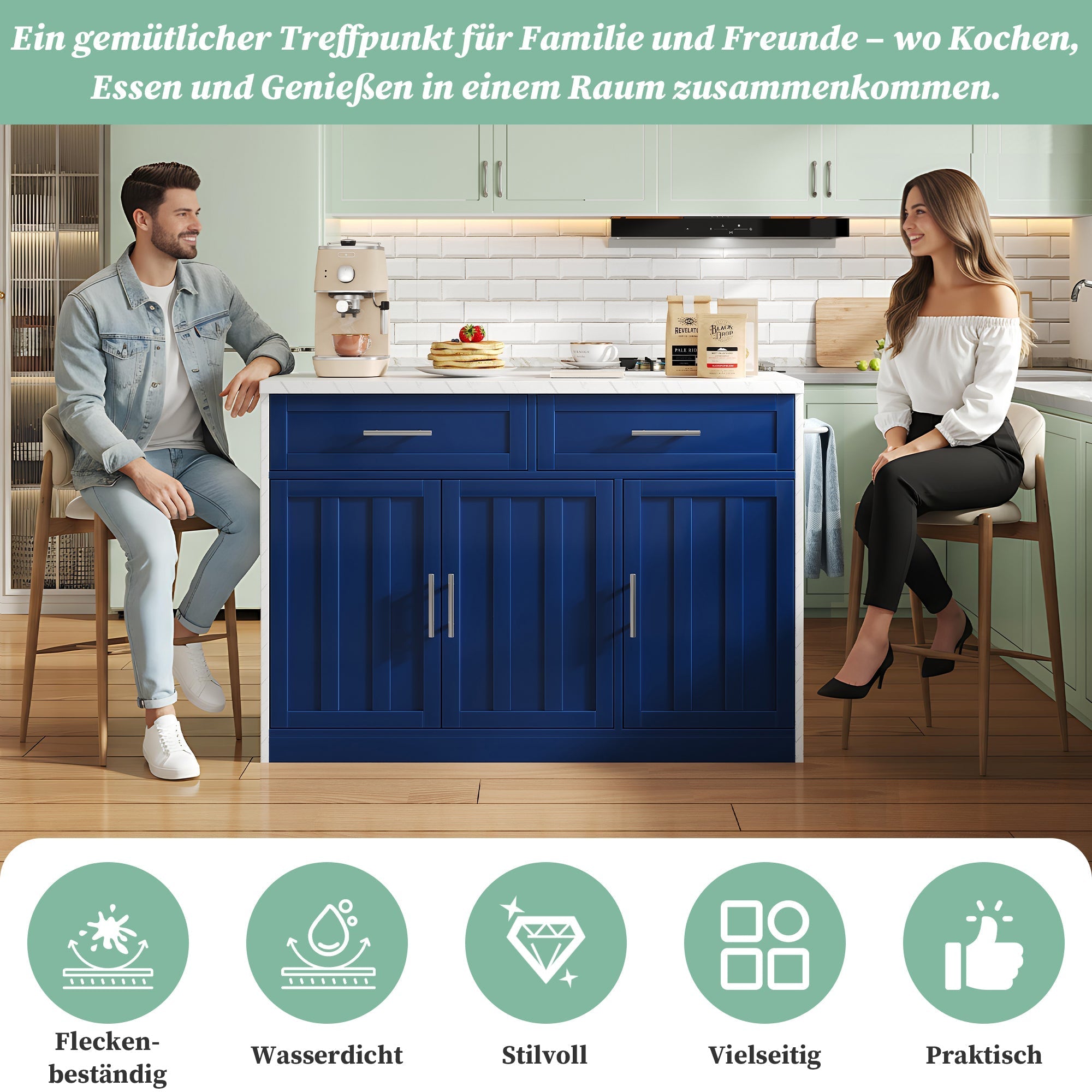Kitchen Island with Power Outlets and Adjustable Shelves, Wood Look
