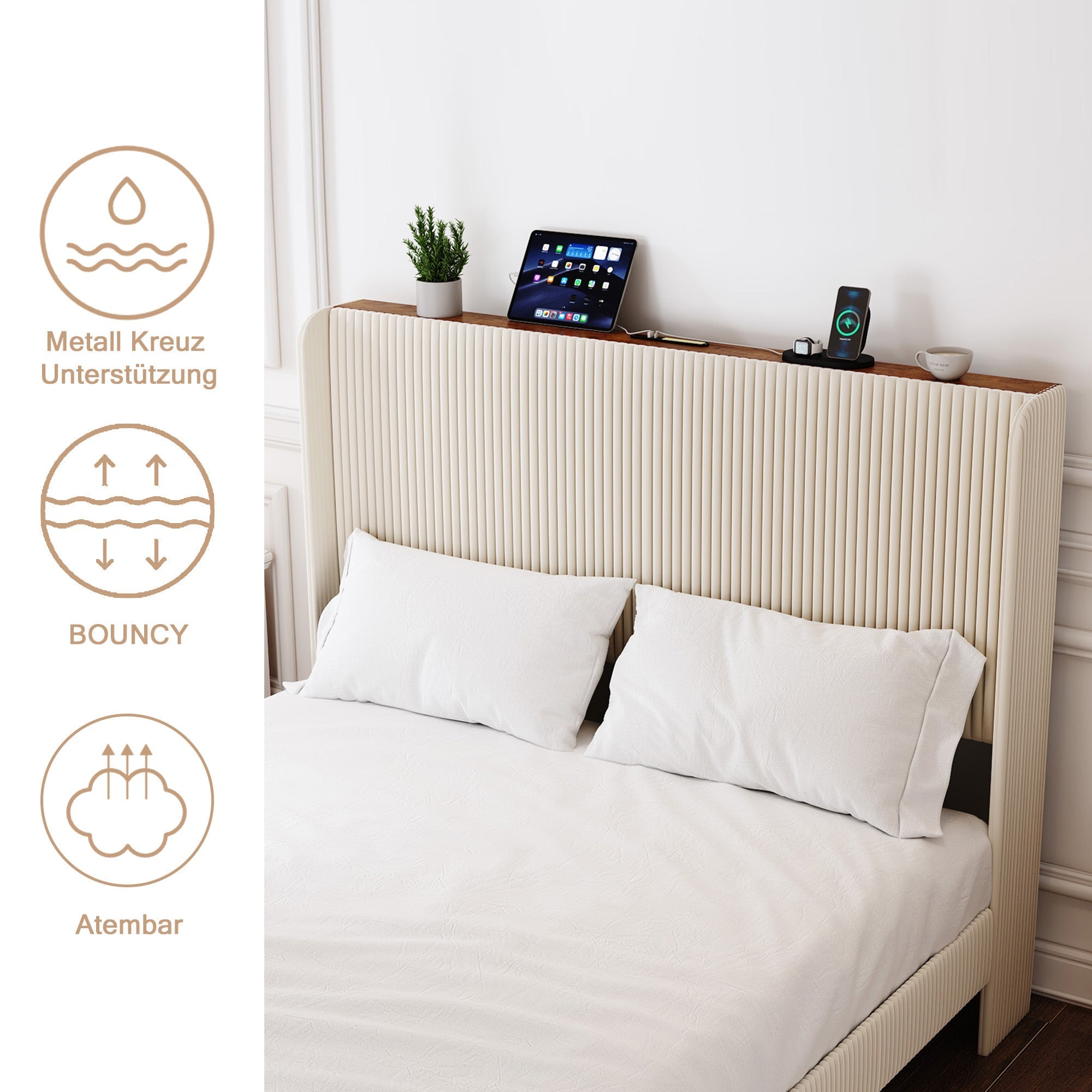 Bed Frame 180x200 Upholstered Platform Wing Headboard Metal Slats Fabric