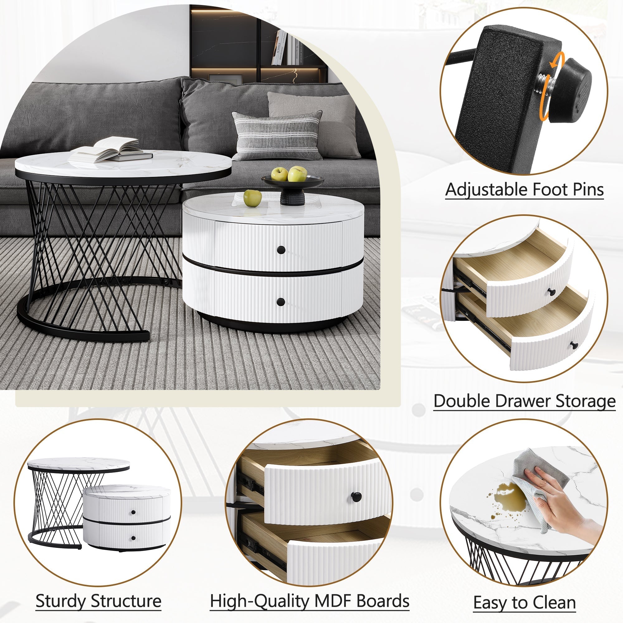 Elegant 2-Piece Nesting Coffee Table Set, Round High-Gloss Marble Look with 2 Drawers, White