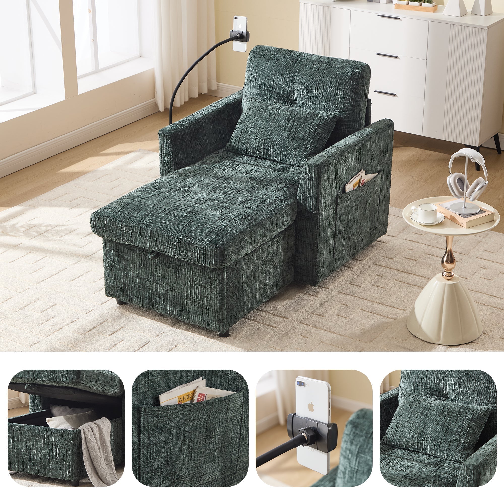 Multifunctional Lazy Sofa, Stowable Backrest with Phone Holder, Chenille