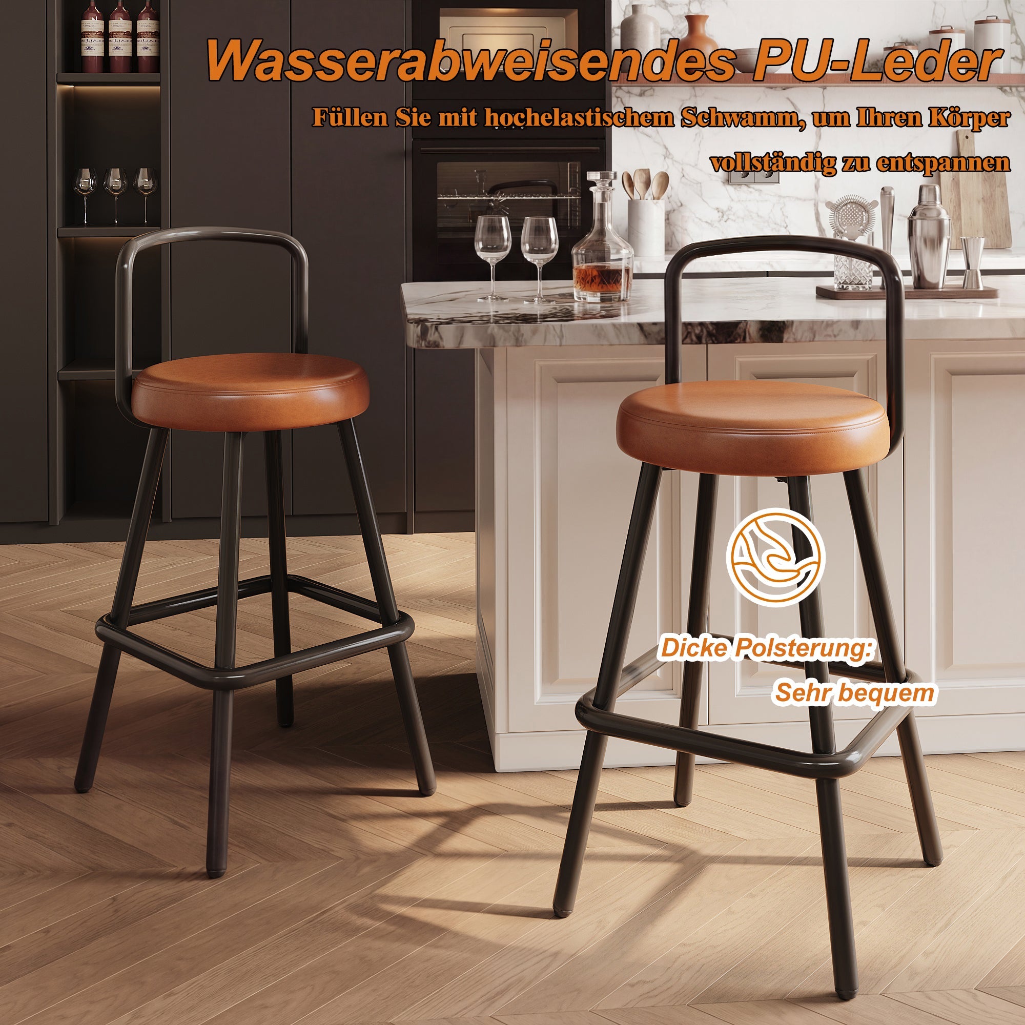 Modern Bar Stools Set of 4, Ergonomic Backrest with Footrest, PU Leather and Iron, Brown