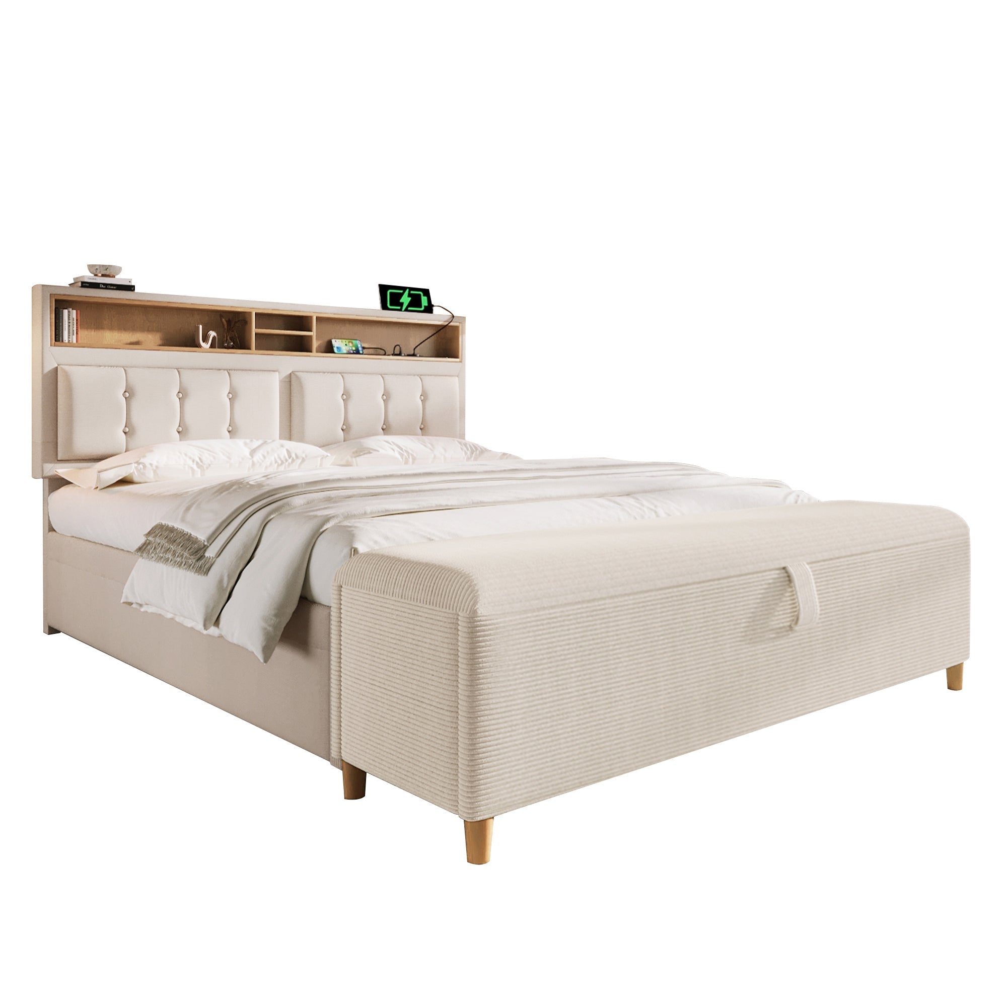 Upholstered Bed 140x200 Storage, USB Charging, Bed Bench - Linen Look
