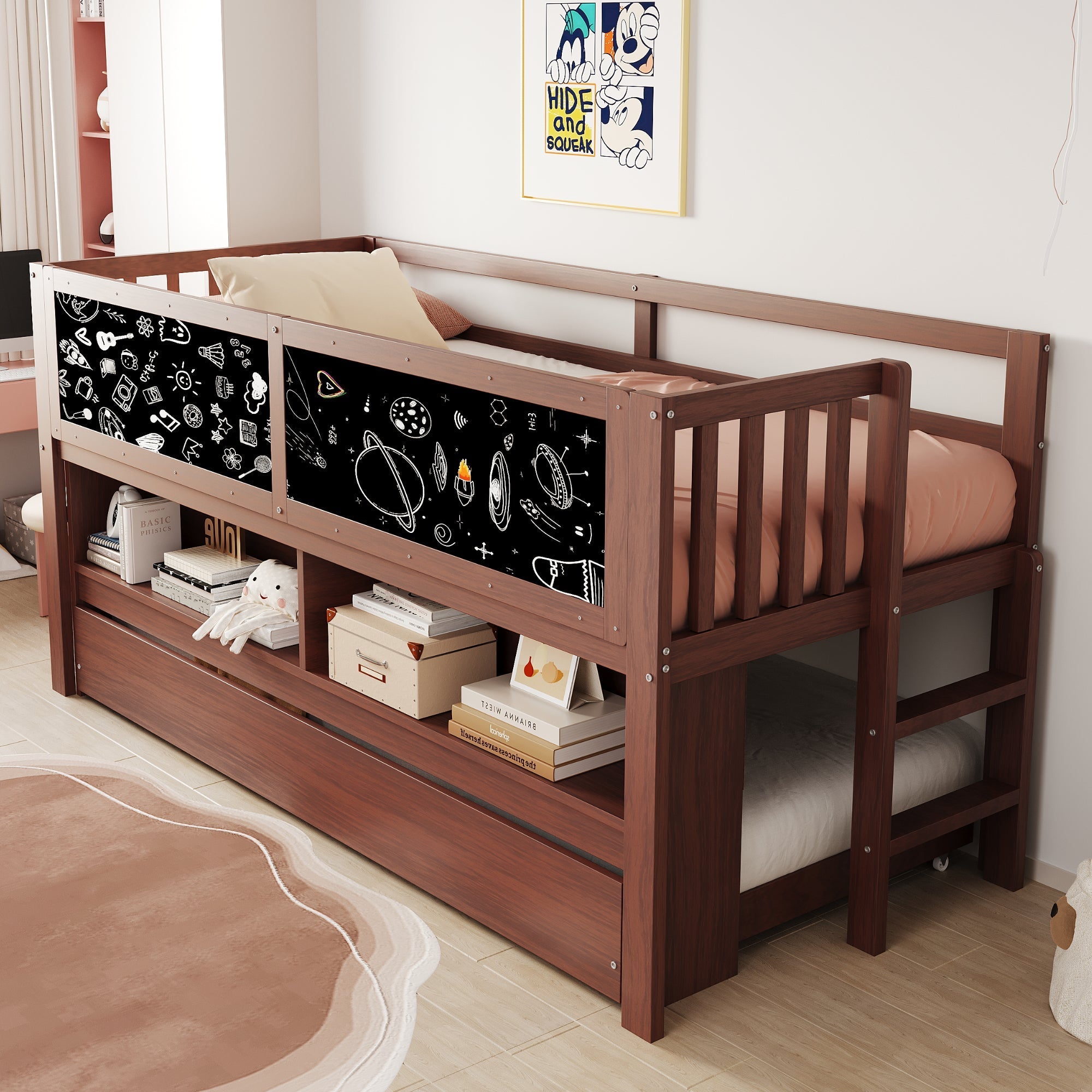 Extendable House Bed 90x200cm with Chalkboard, Storage & Climbing Ladder - Solid Wood Brown