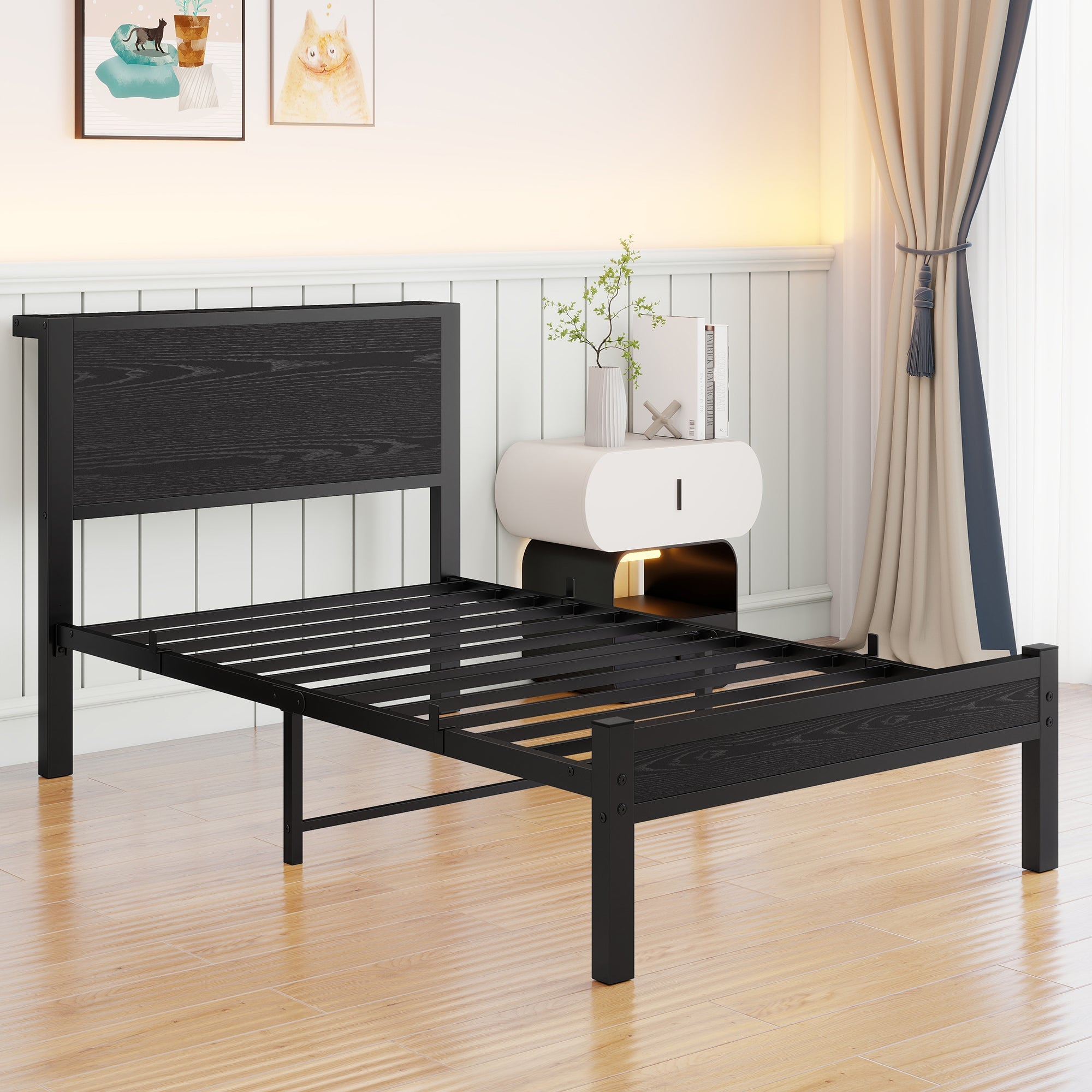 Single Metal Bed Frame 90x200cm, Storage Headboard, Noiseless Platform - Black