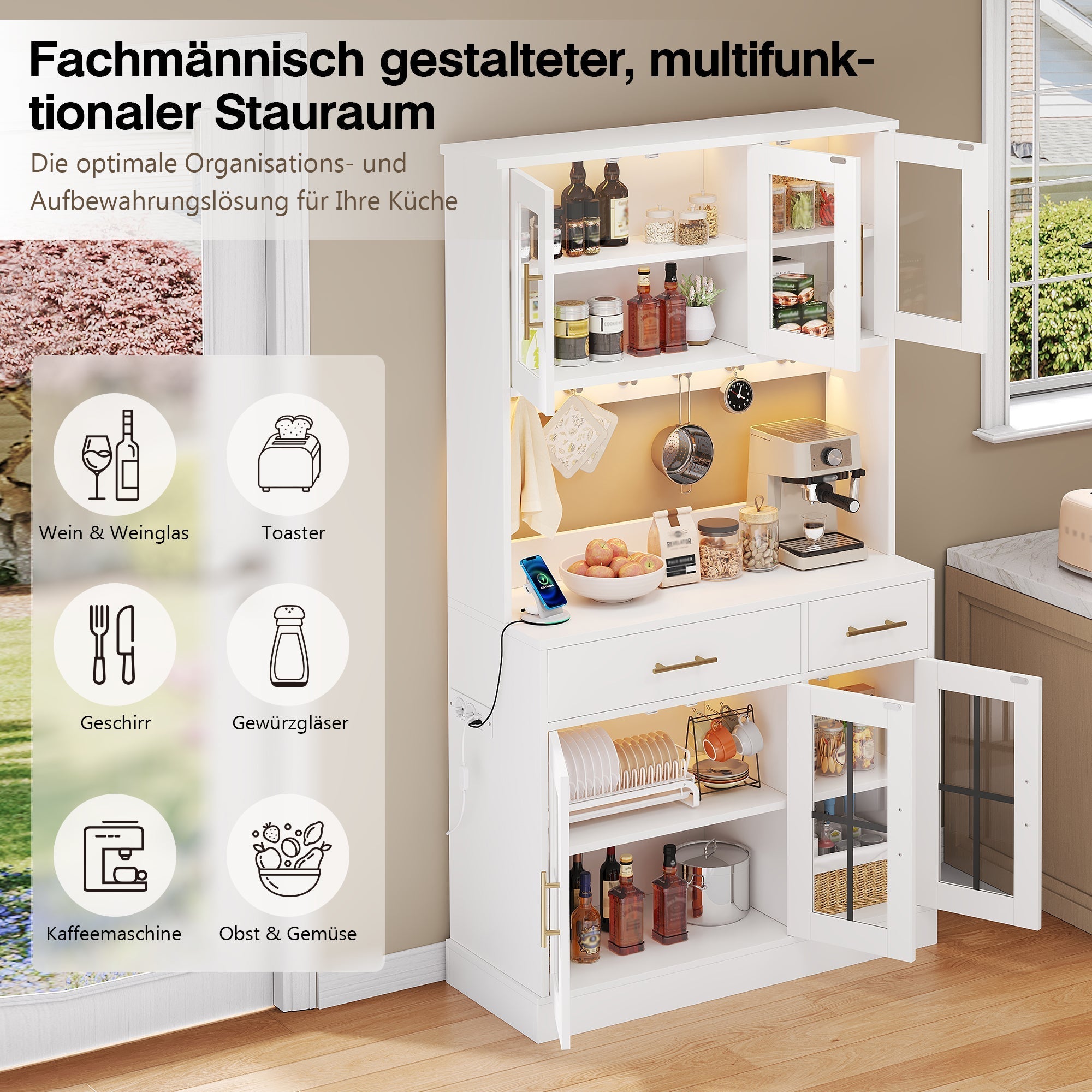 Kitchen Sideboard 180x100cm LED Socket 6 Doors 2 Drawers Adjustable Shelves - White