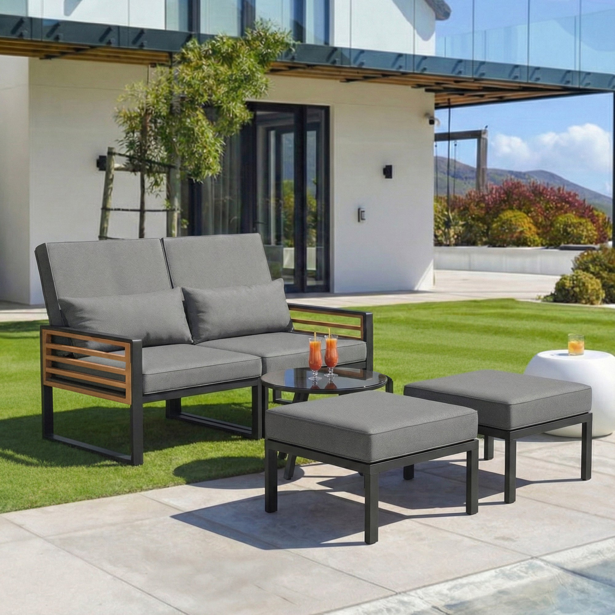 Garden Lounge Set for 2-4 People, Adjustable Outdoor Daybed and Sofa with Cushions, Grey Wood Look