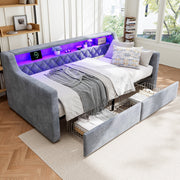 Upholstered Bed 3FT Single with Light Strip, Charging Port, 2 Drawers, Velvet Grey