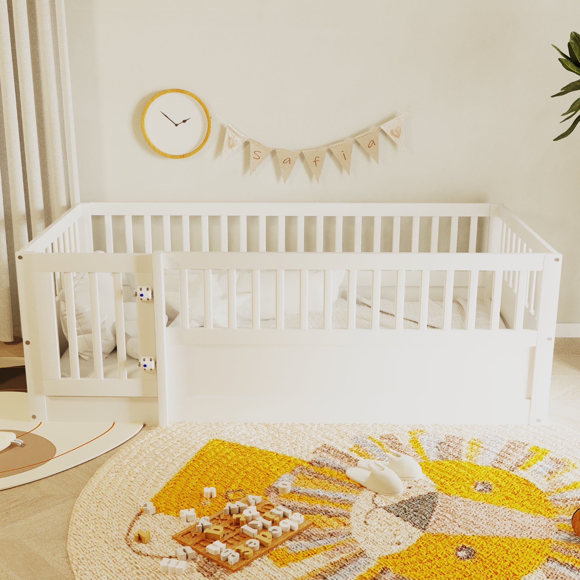 Children's Bed 90x200cm with Railing and Door, White Wood
