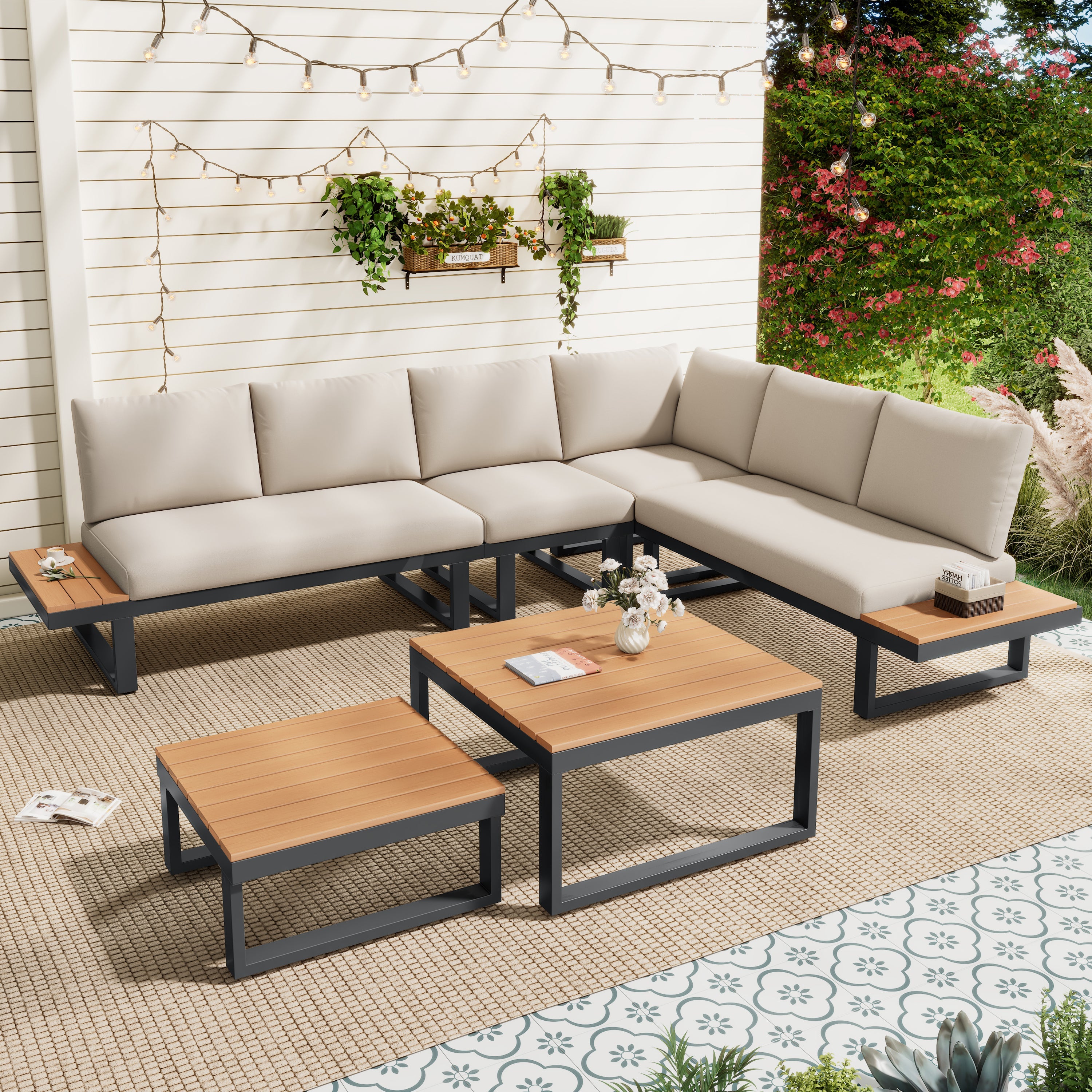 Garden Furniture Set with Adjustable Tilt Function and Two Coffee Tables, Beige and Black