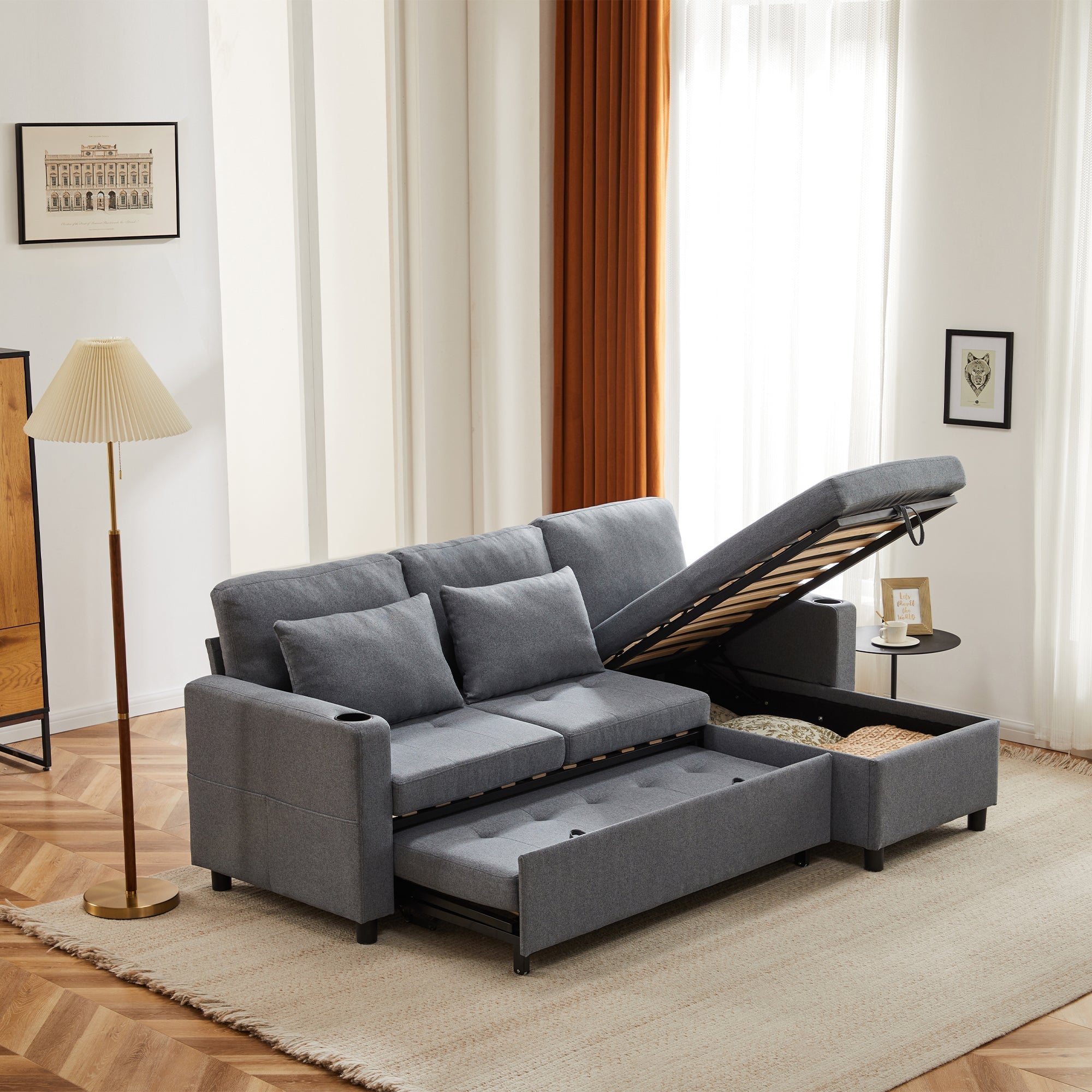 Sofa Bed L-Shaped Pull Out Sofa with Storage, Grey