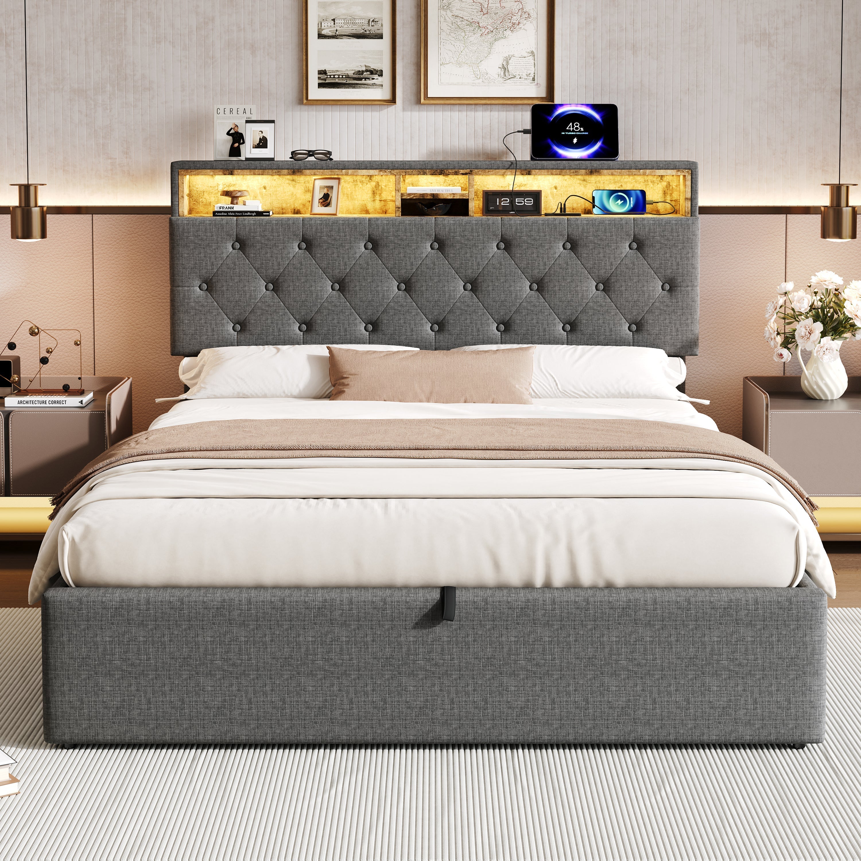 5ft King Upholstered Hydraulic Bed, Headboard Storage & LED Lighting, Linen Grey
