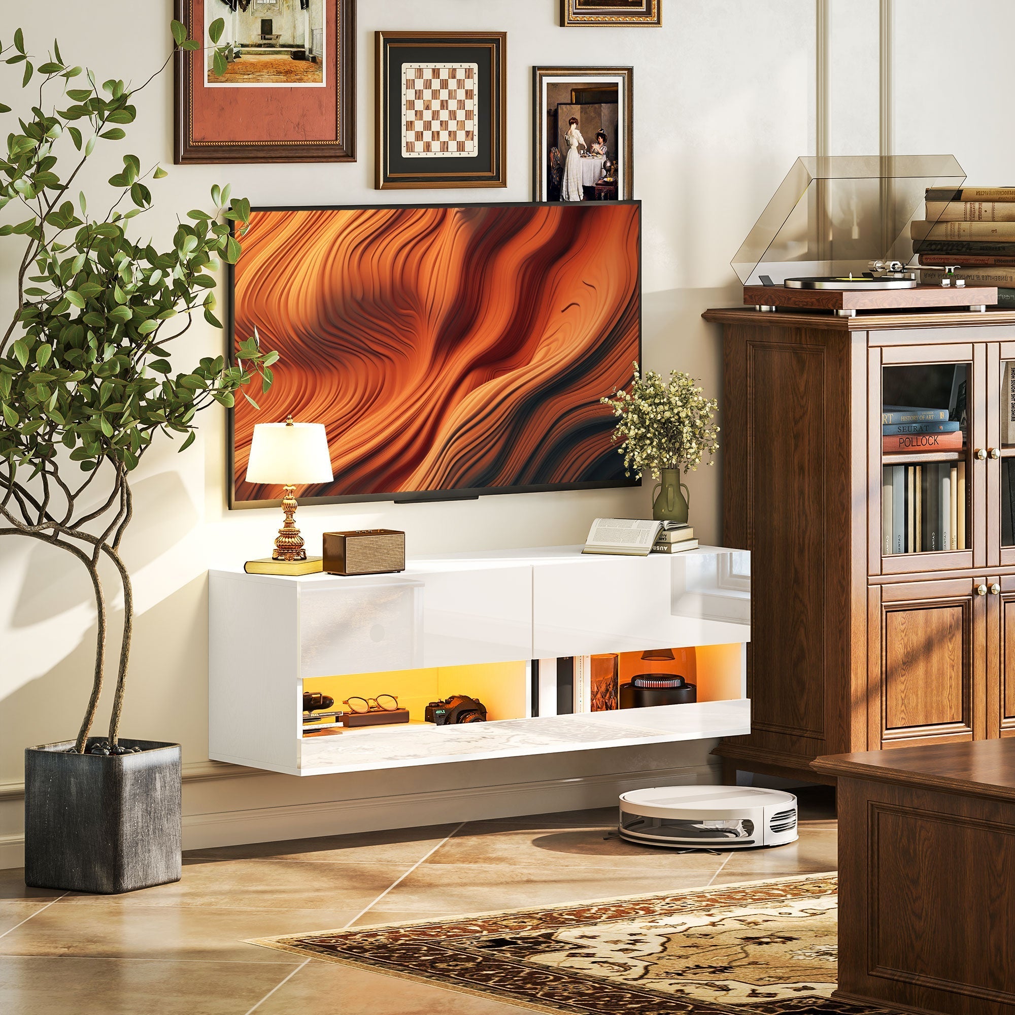 Wall-Mounted TV Cabinet, LED Lighting, Open Shelves, High-Gloss White