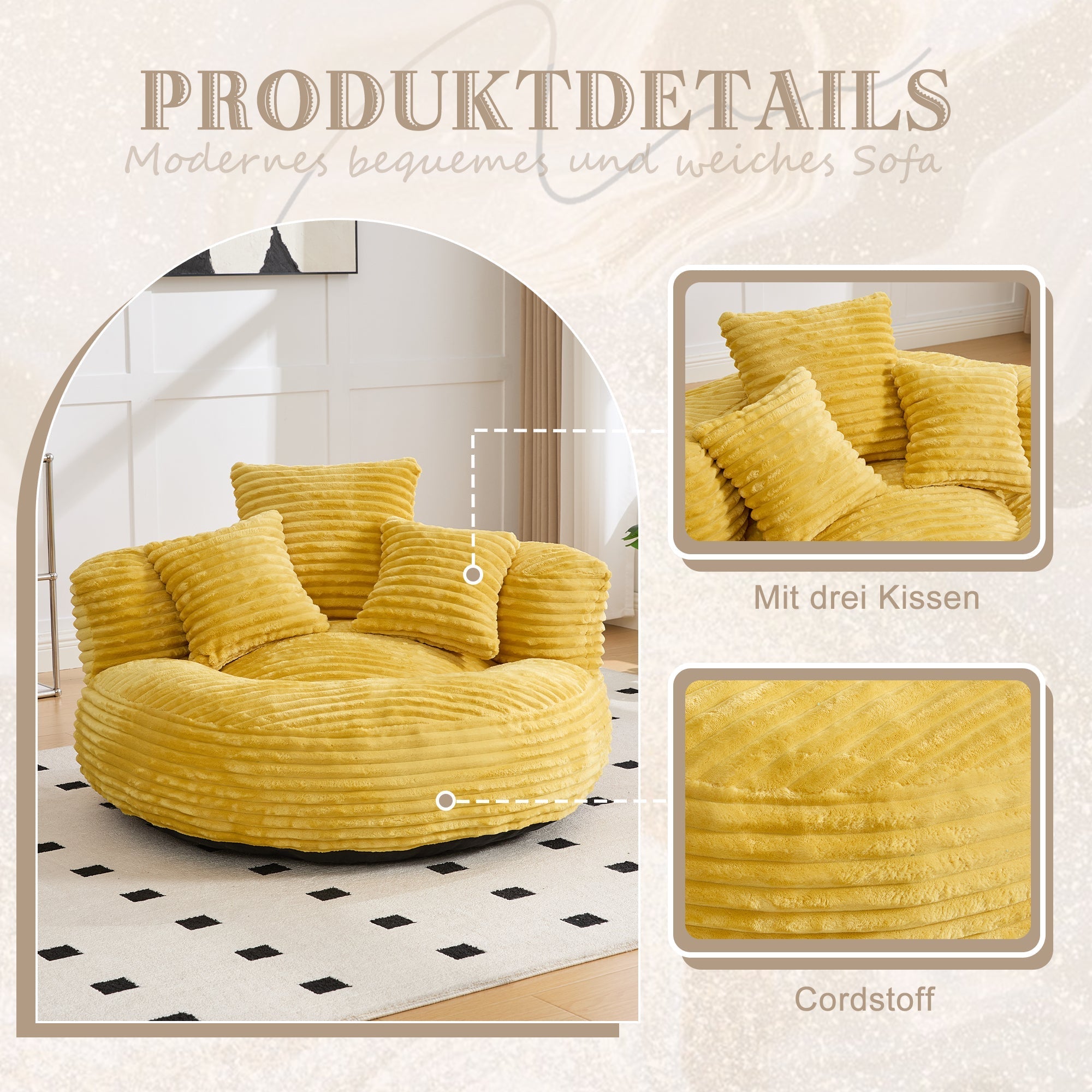 Beanbag High Back Lounger with 3 Cushions - Corduroy