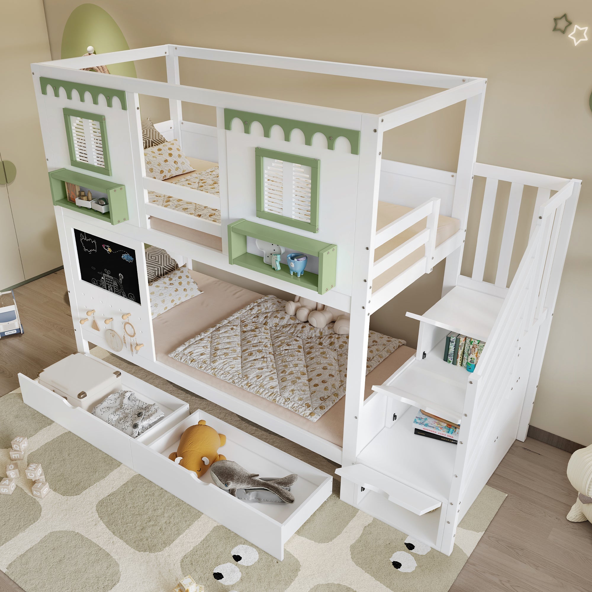 Bunk Bed 90x200cm Pegboard with Hooks 2 Drawers & Stair Storage Cabinet White + Green Pine