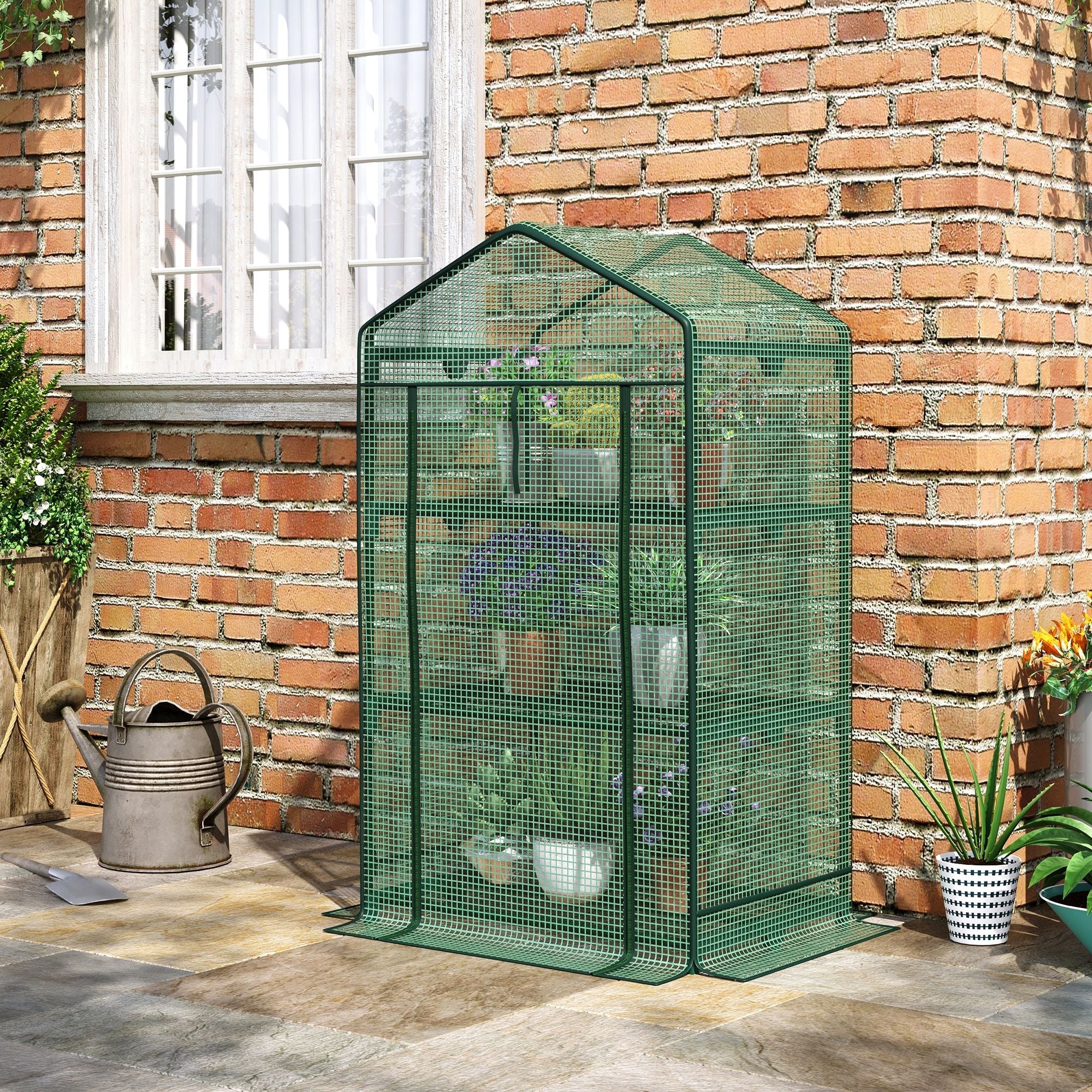 Outsunny Mini Greenhouse with 3 Shelves and Roll-Up Door, 69 x 49 x 125 cm, Green Foil