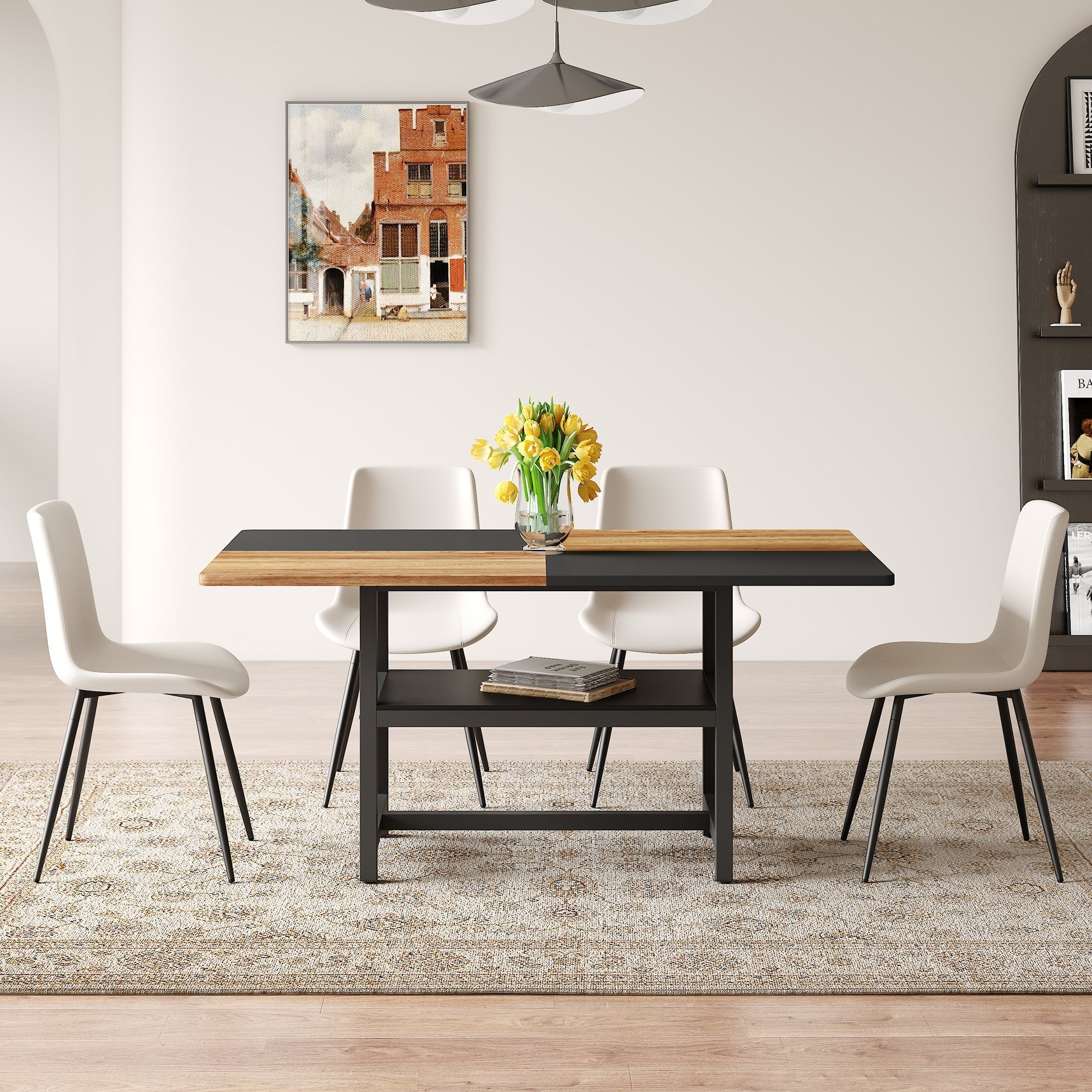 Dining Table Set 160cm Rectangular Storage 4 Chairs - White PU