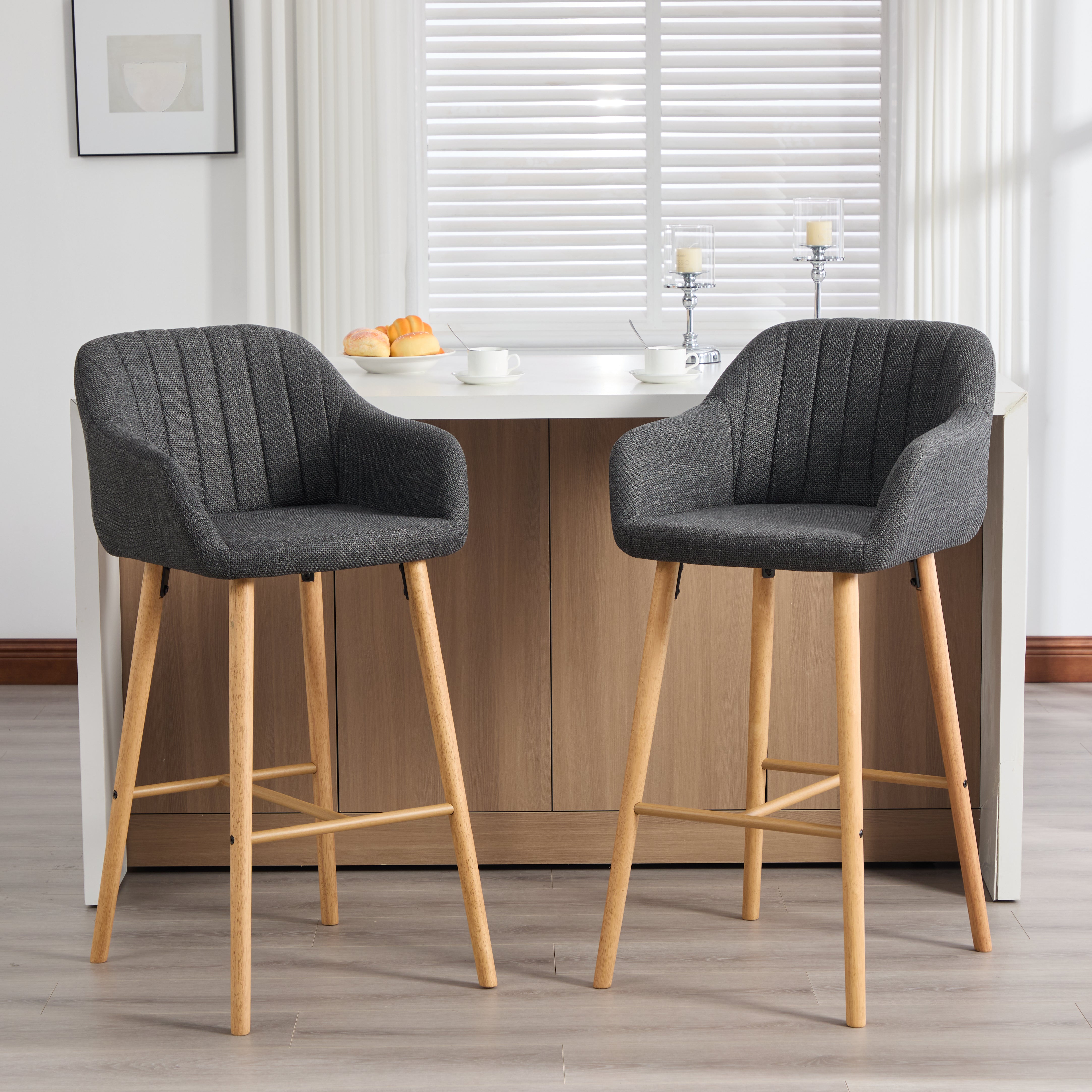 Modern European Bar Stools with High Backrest and Armrests, Set of 2, Beige Linen