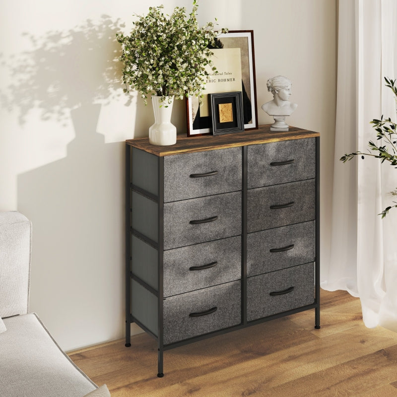 Fabric Chest of Drawers, 8 Drawers Industrial Dresser with Steel Frame Wooden Top, Rustic Brown and Grey