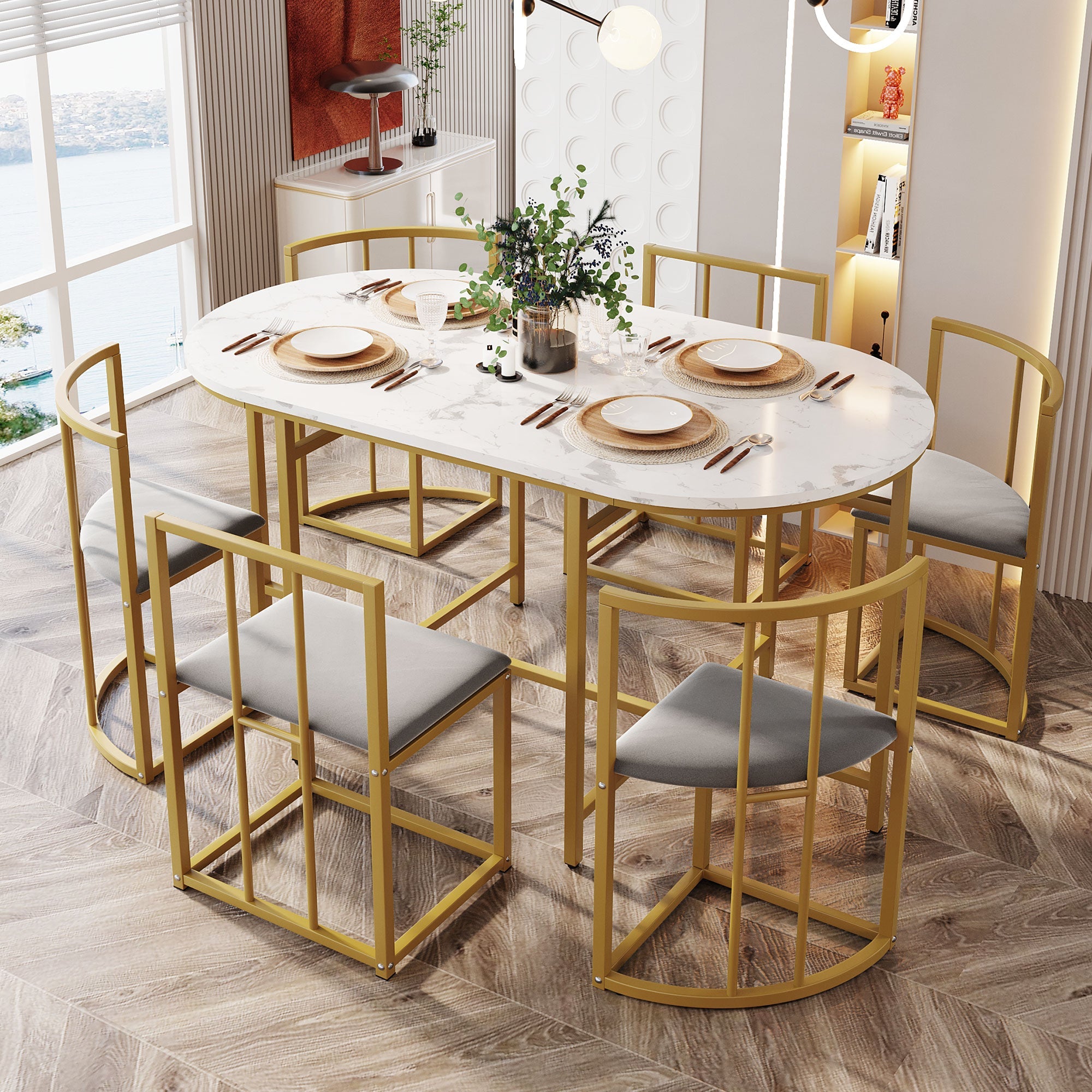 Dining Table Set (6-Piece) with White Table, Gray Upholstered Chairs & Gold Iron Frame