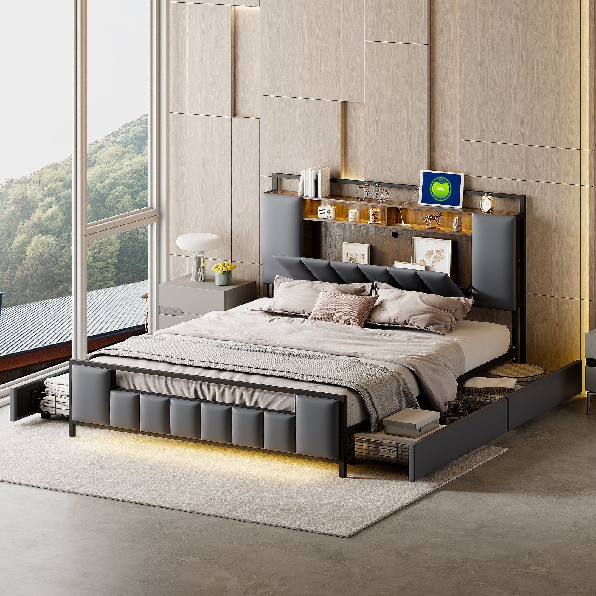 Upholstered Bed, Multifunctional with LED & USB, Drawers, Faux Leather Grey