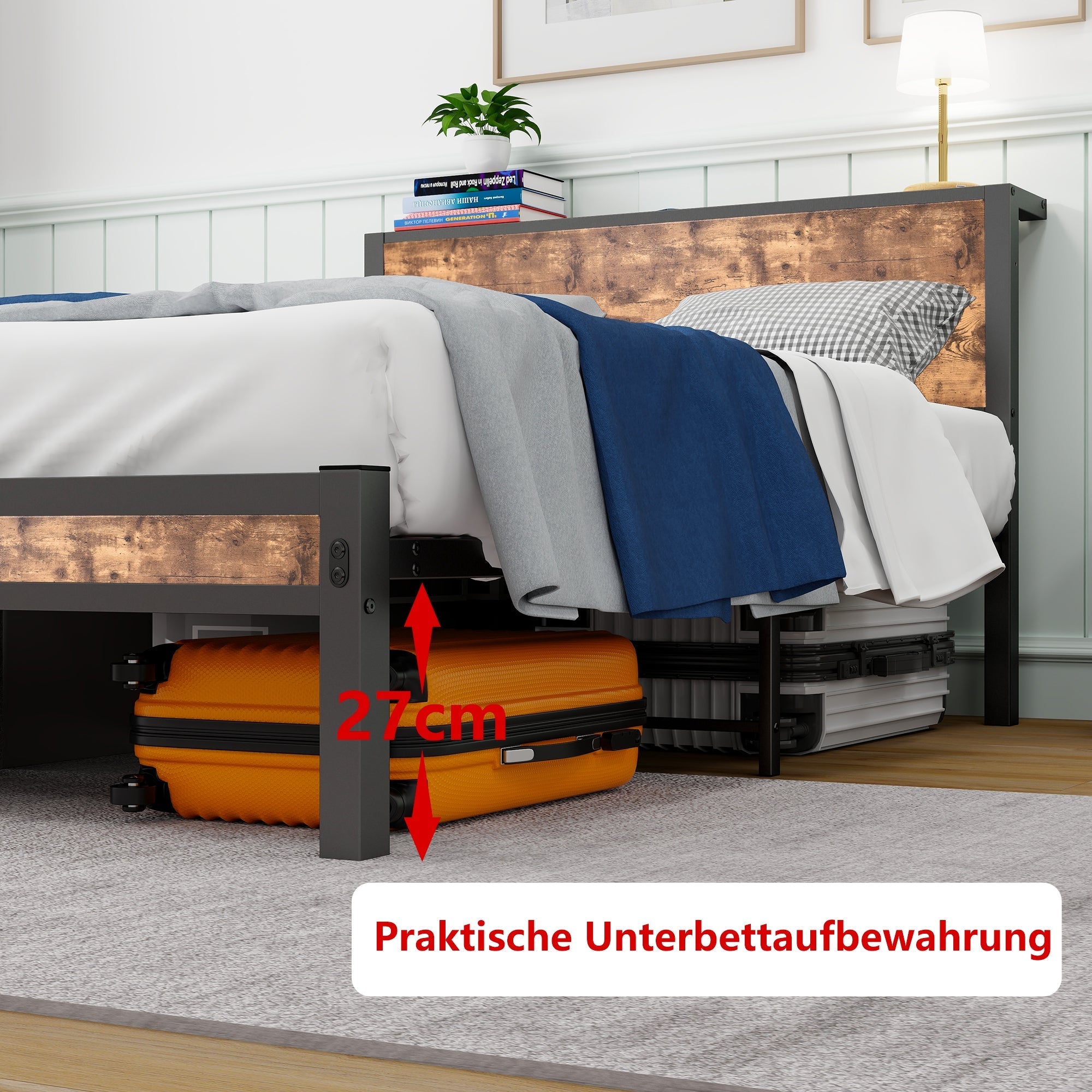 Metal Platform Bed Frame with Storage Headboard, Noise-Free, Vintage Brown