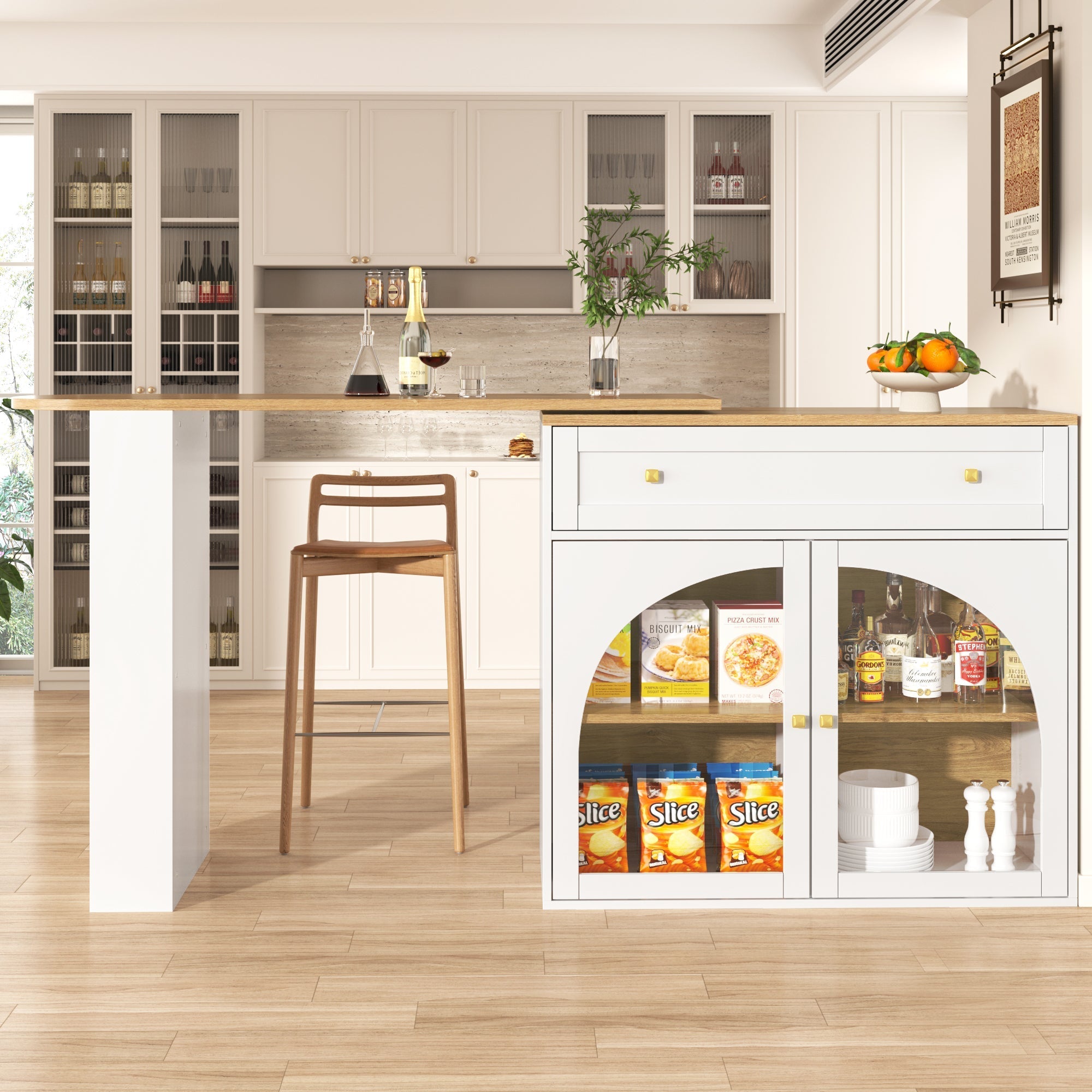 Bar Table Extendable 360° Rotating Storage with Shelves & Glass - White