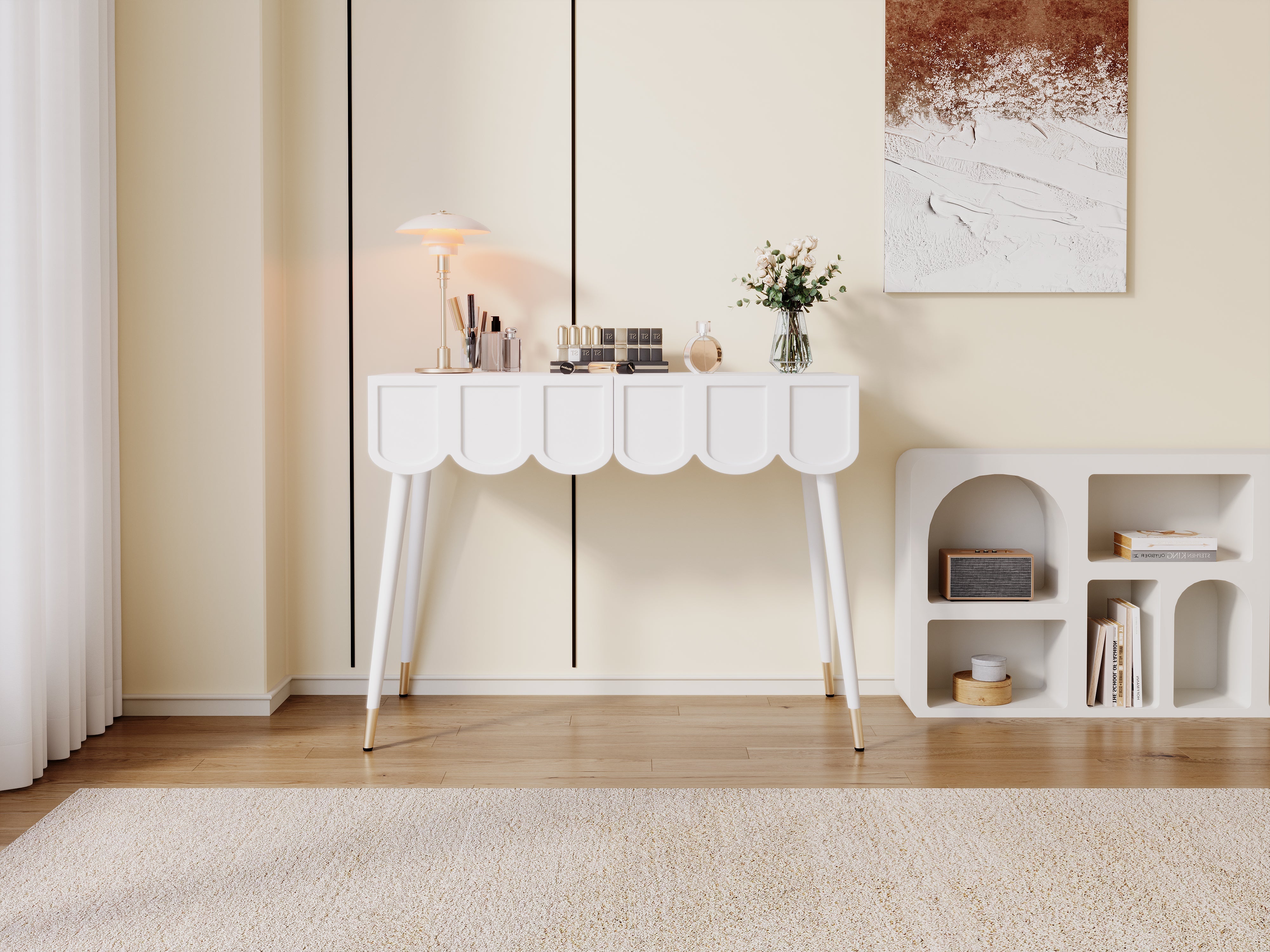 Dressing Table with 2 Drawers and Metal Legs, White