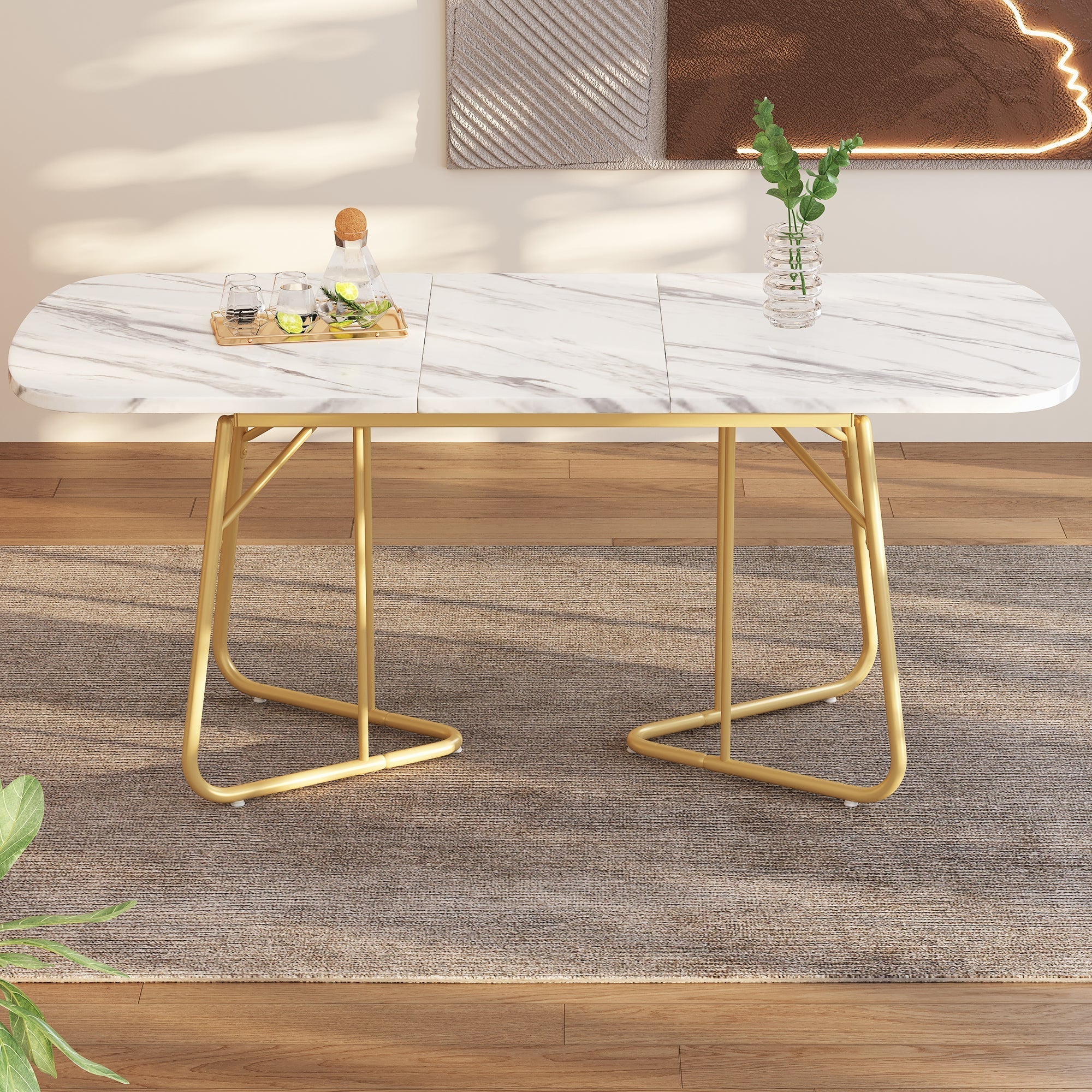 Extendable Dining Table Marble Top 140/180x80cm Gold Metal Legs - White