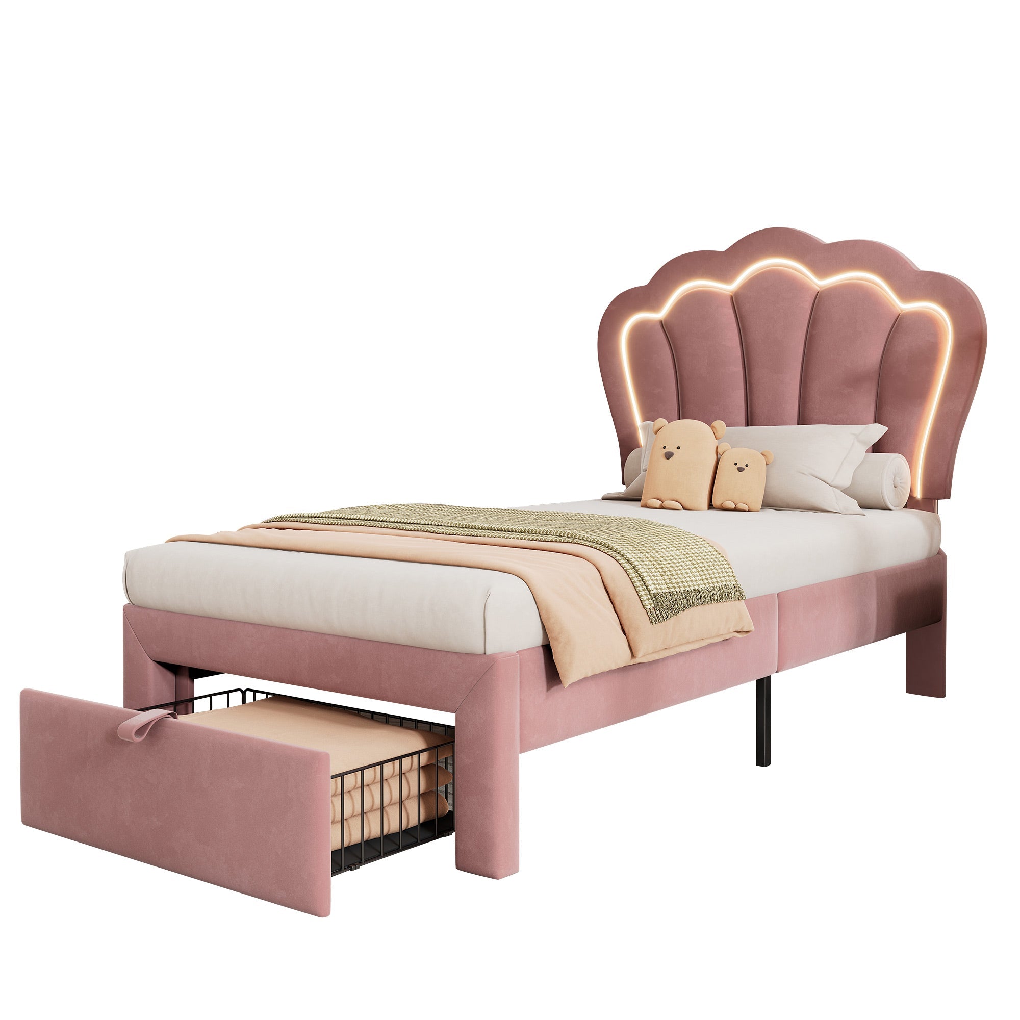 Children's Bed LED Single, 90 x 190 cm with Drawers, Adjustable Headboard, Velvet Pink