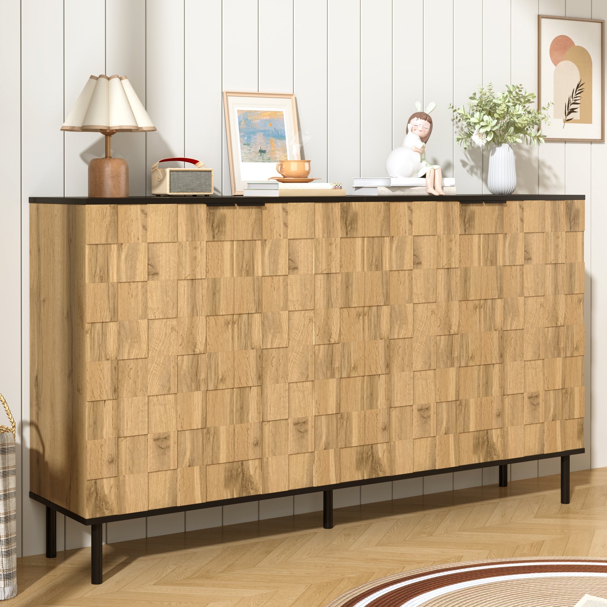 Mosaic Sideboard, 2-Door Storage Cabinet with Metal Feet, Wood-Look Chipboard
