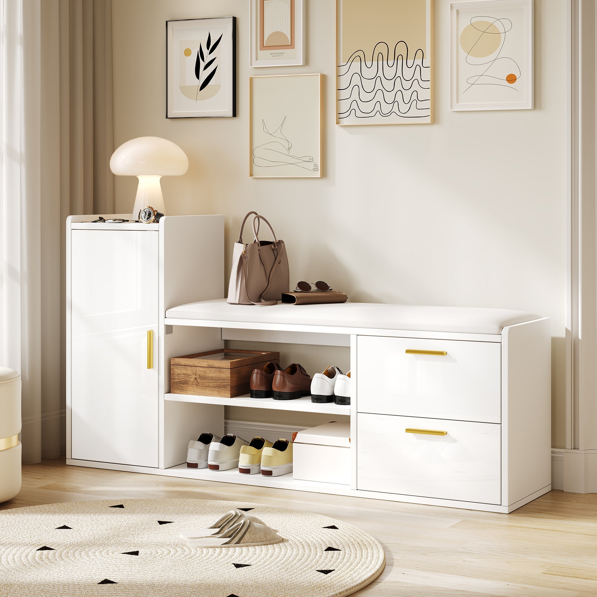 Shoe Cabinet 128x30x68cm with Bench, 2 Drawers, High-Gloss White