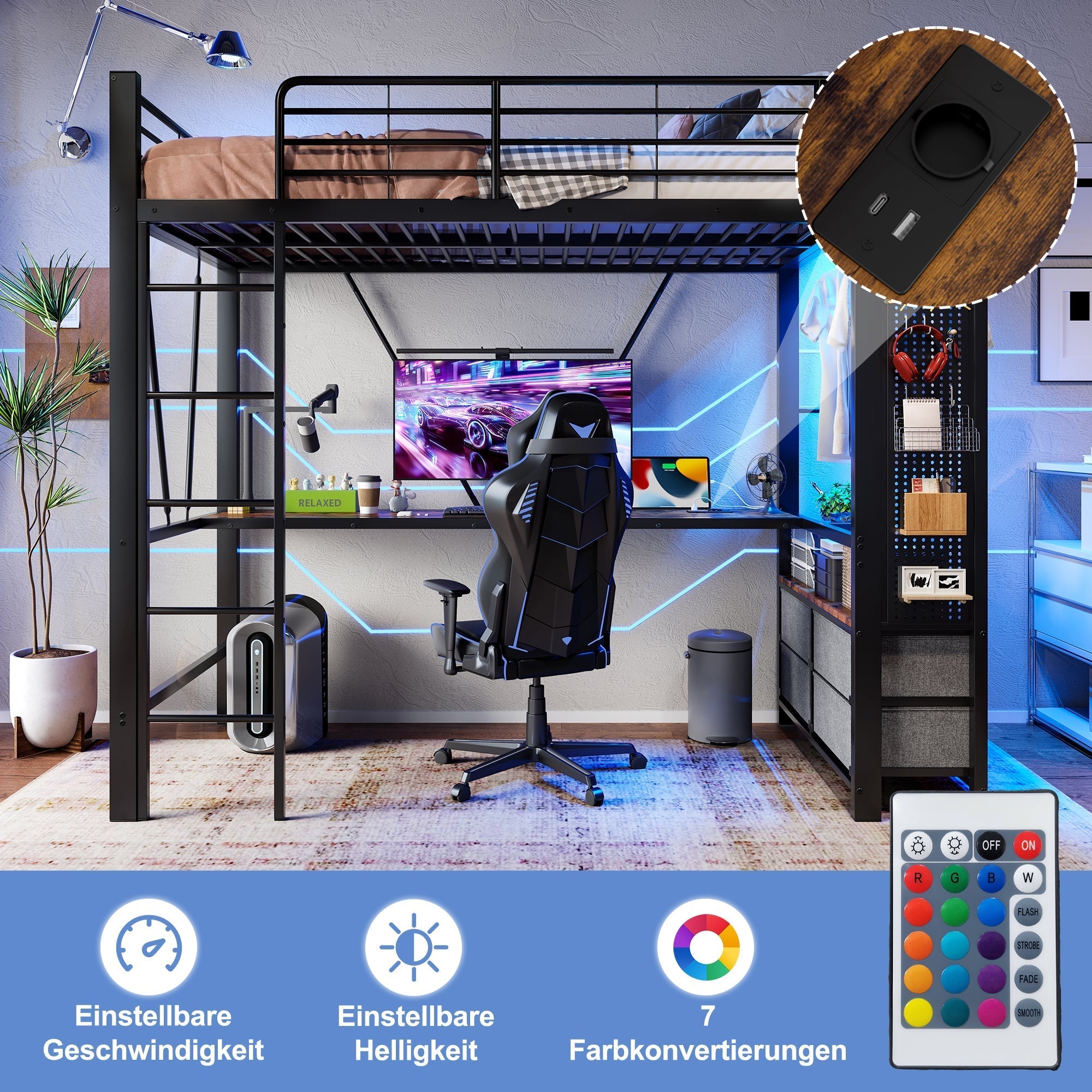 Loft Bed 90x200cm with Desk, Drying Rack, Storage, USB/Type-C & LED - Black Iron Frame
