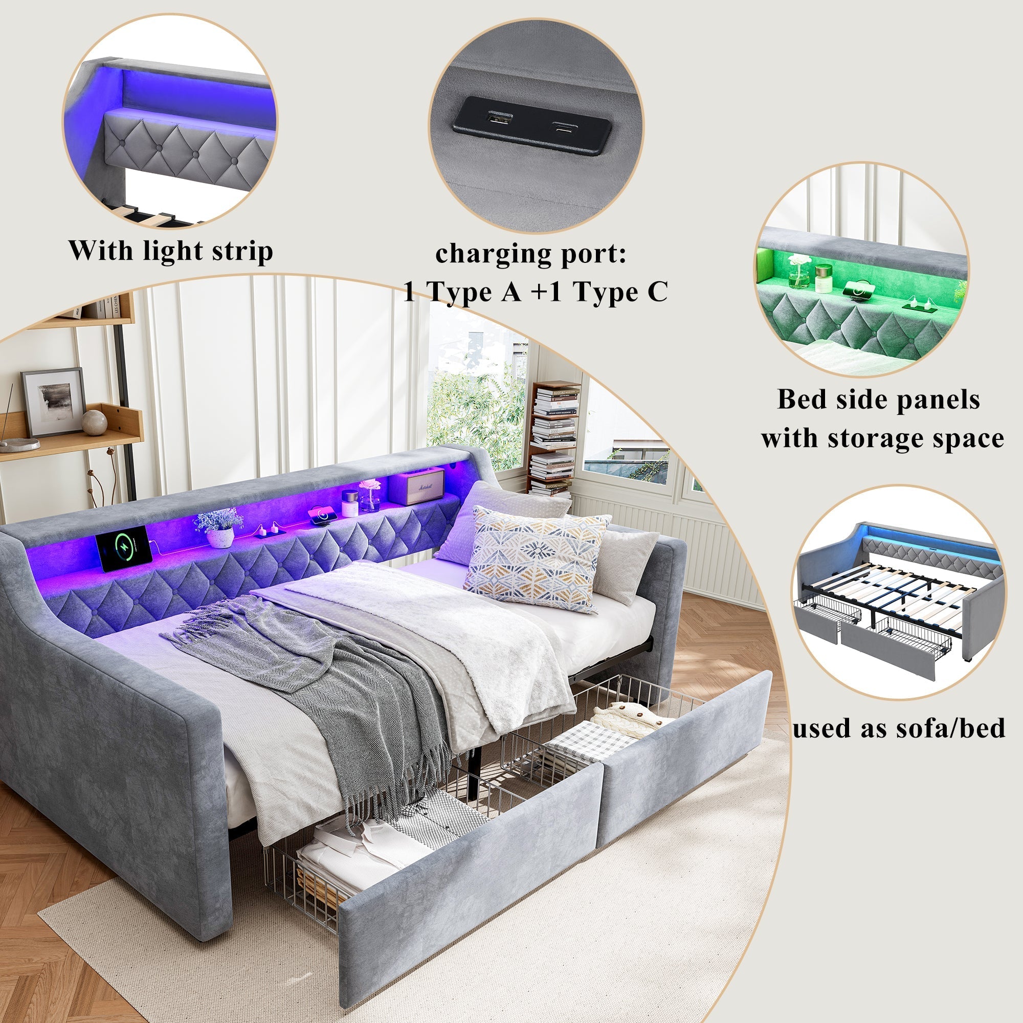 Upholstered Bed 3FT Single with Light Strip, Charging Port, 2 Drawers, Velvet Grey