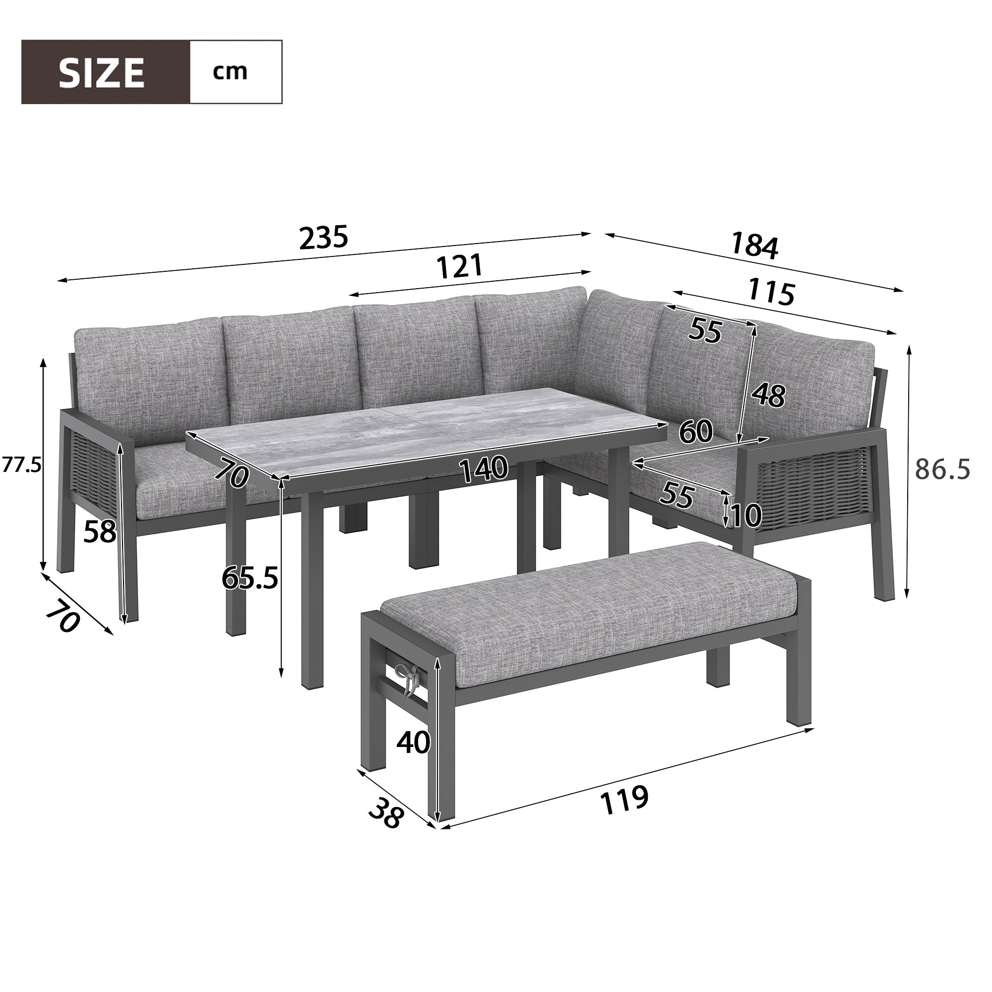 Garden Dining Set, 8 Person Corner Furniture with Glass Table and Benches, Grey PE Braided Rope