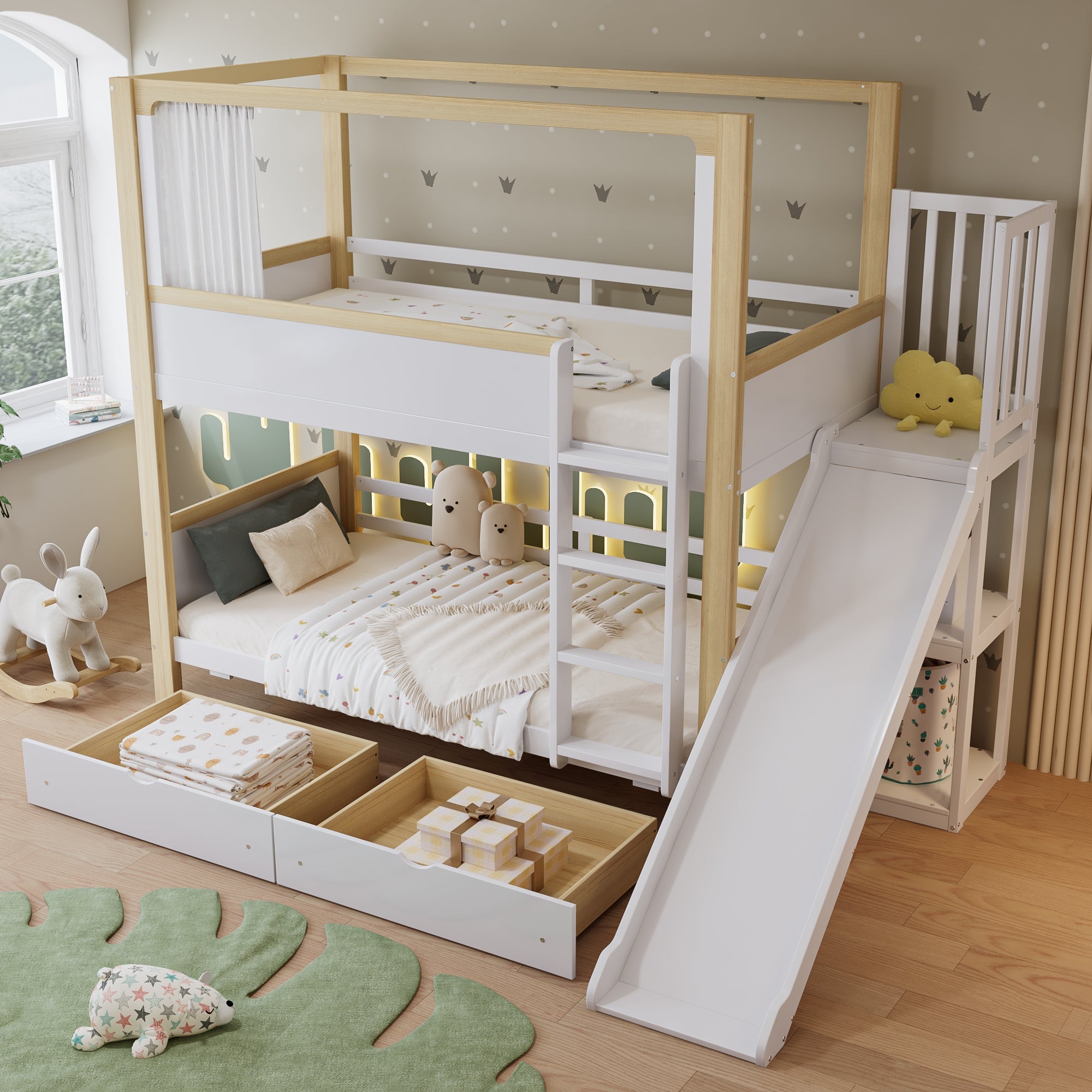 Bunk Bed, Children's with Drawers, Slide & Fabric Curtain, Pine, MDF, Plywood, White & Natural, 90x200cm