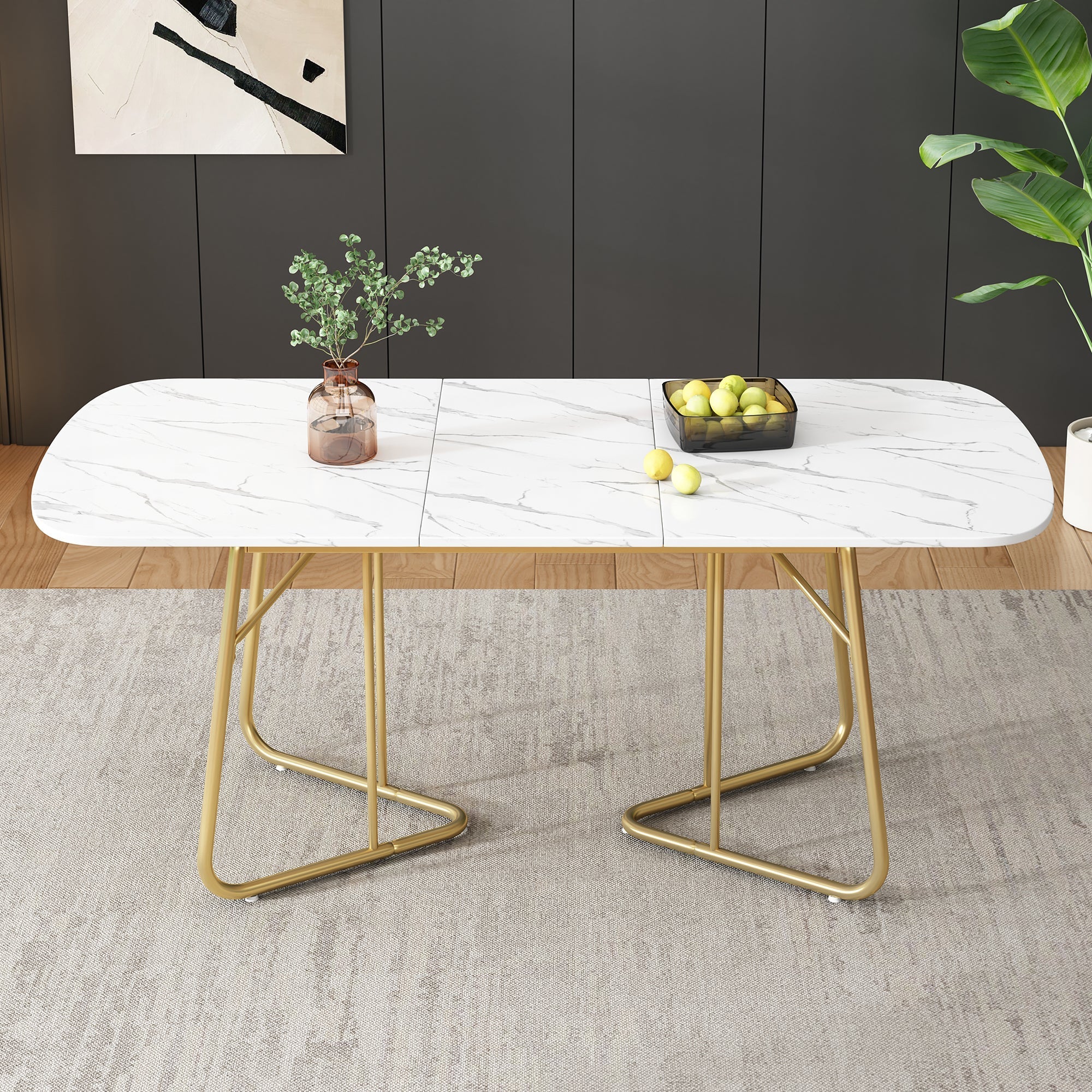 Extendable Dining Table Marble Top 140/180x80cm Gold Metal Legs - White