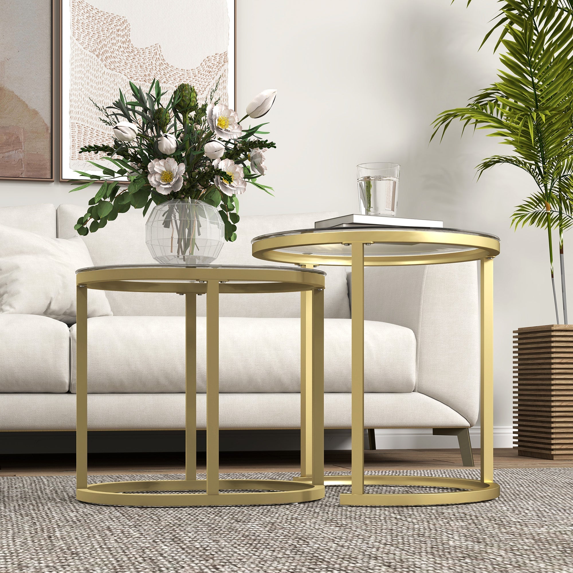 Round coffee table set of 2, stackable side table with steel frame, gold