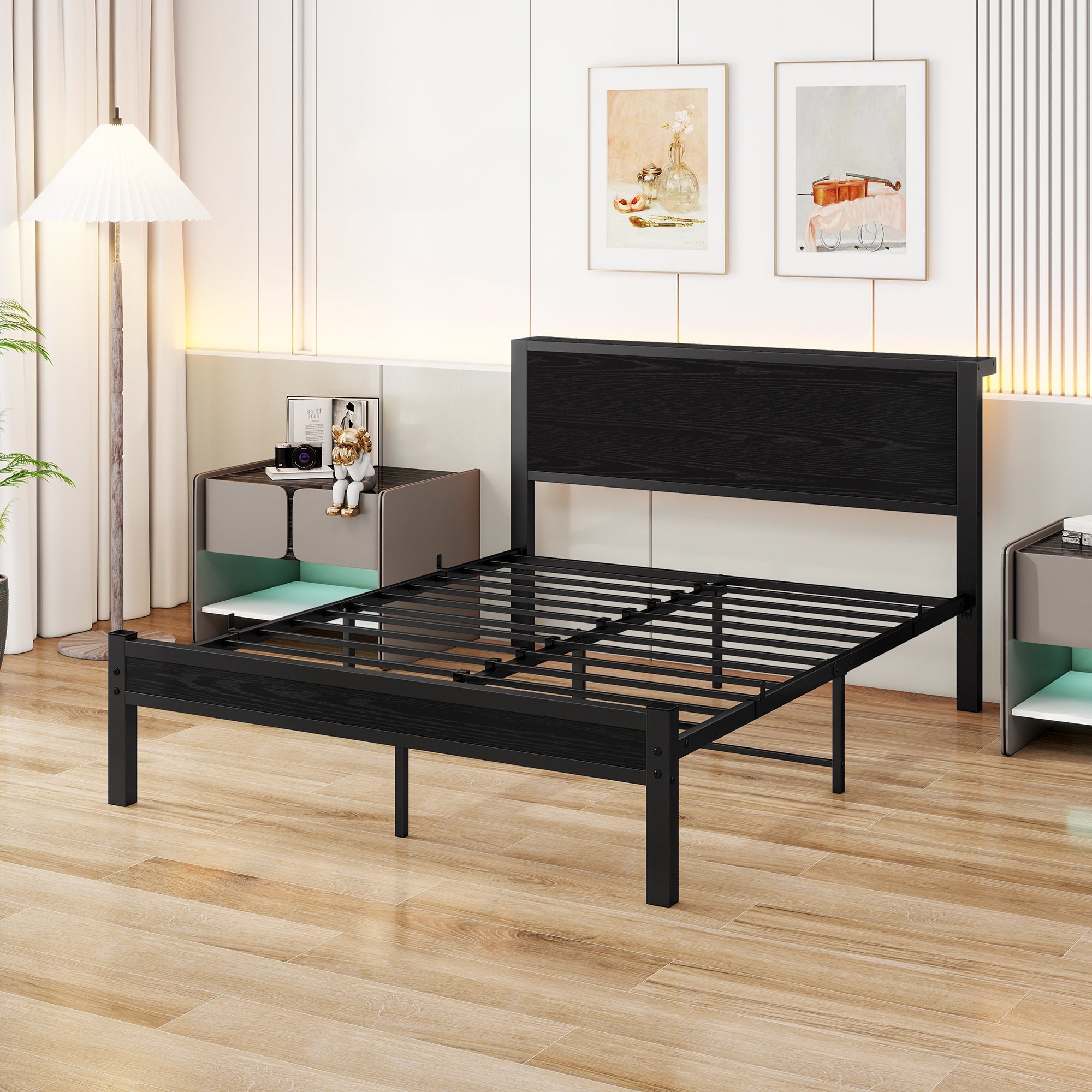 Metal Bed Frame 140x200cm Storage Headboard Noiseless - Black
