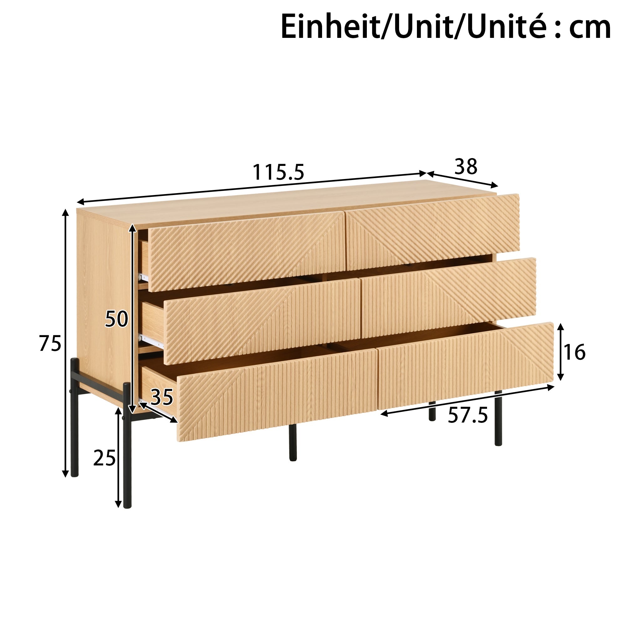 Sideboard with Six Drawers and 3D Geometric Texture, Multifunctional Storage for Living and Dining Room, Wood and Metal